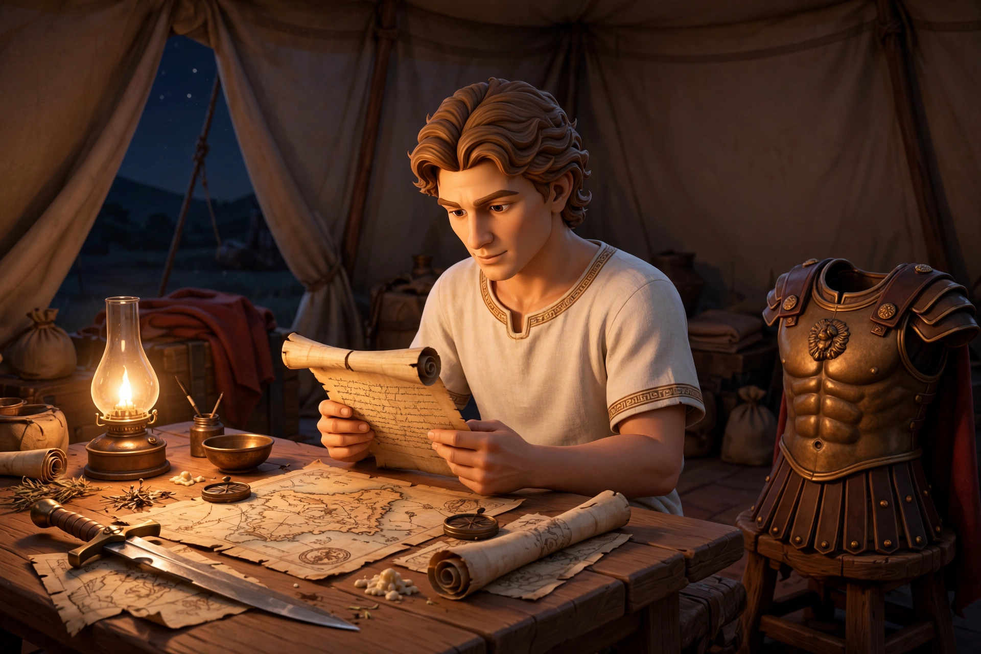 AI-generated dramatization: the animated Alexander character reading a scroll by lamplight in a campaign tent
