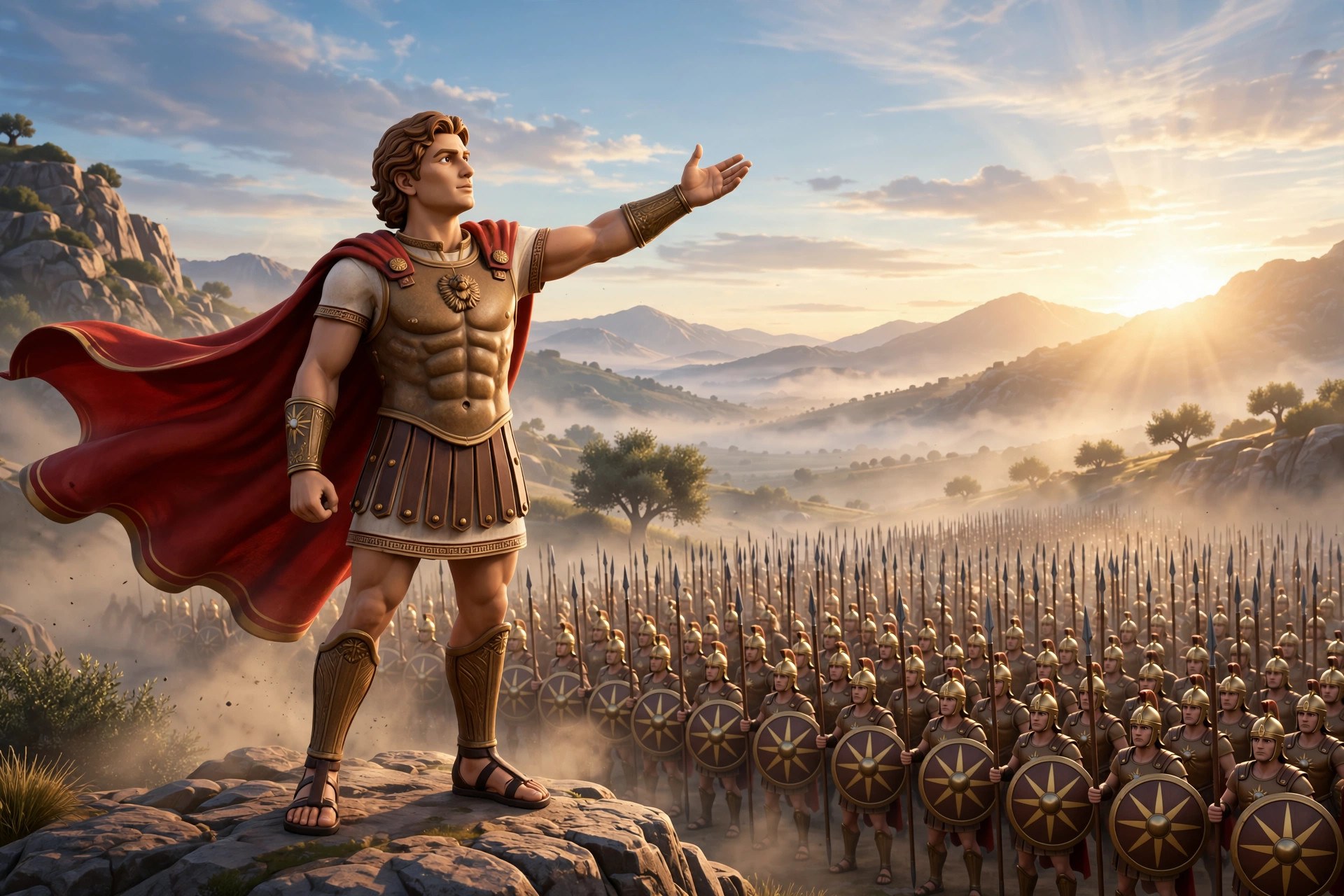 AI-generated dramatization: the animated Alexander character addressing Macedonian soldiers at dawn