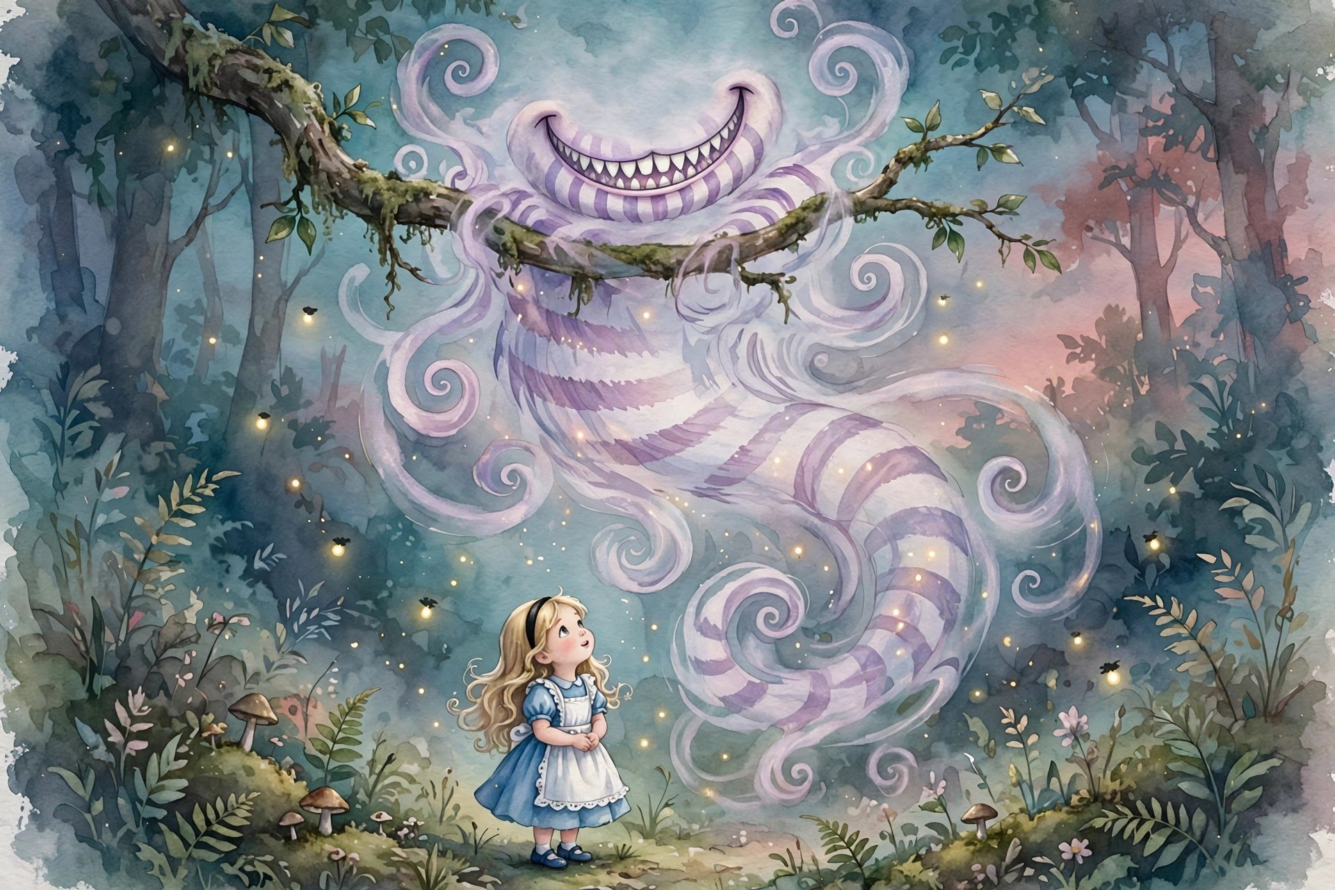 Watercolor storybook illustration of the Cheshire Cat's great grin lingering on a tree branch in a twilight wood