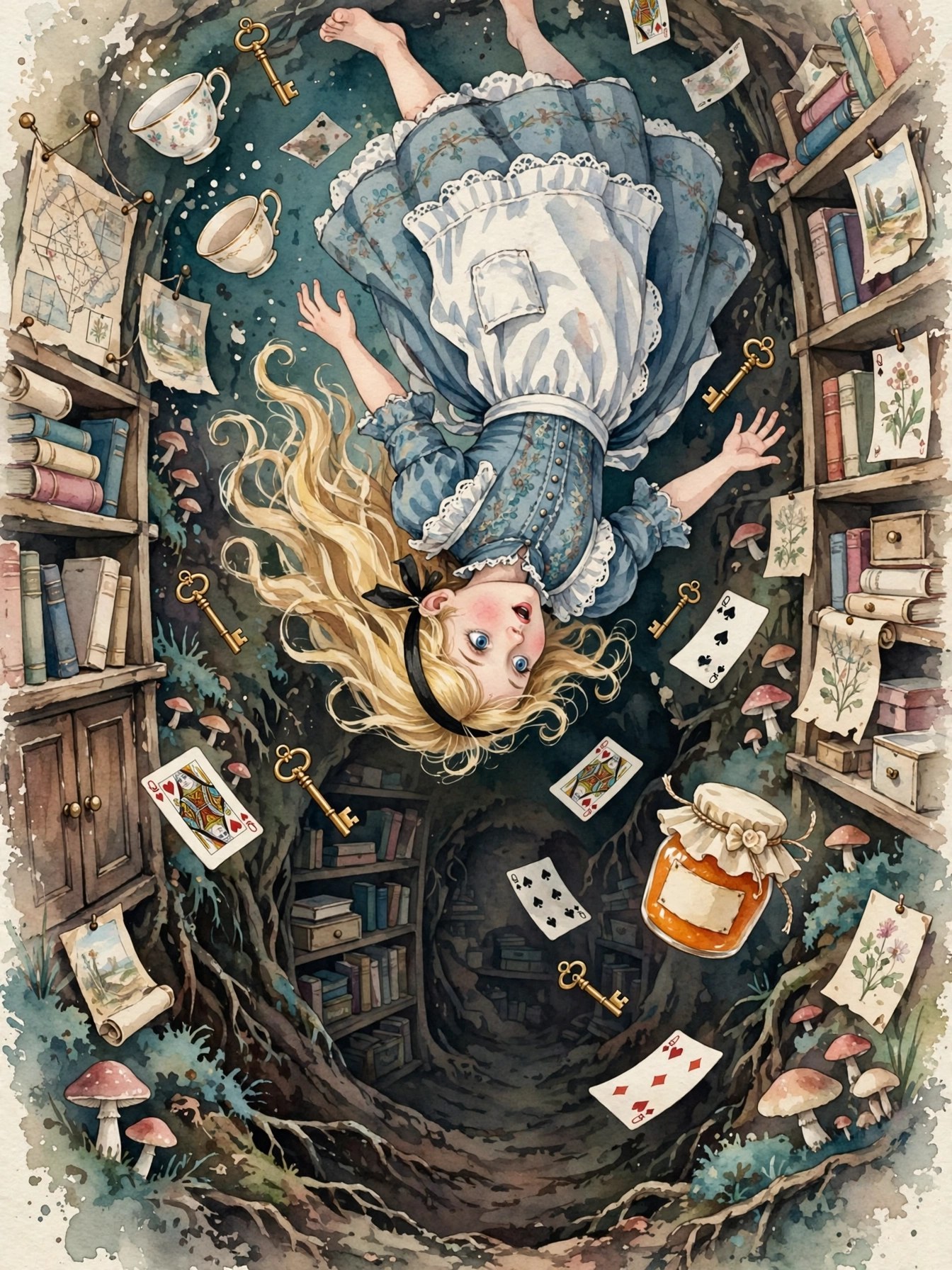 Watercolor storybook illustration of Alice tumbling down the rabbit-hole past floating teacups, keys, and playing cards