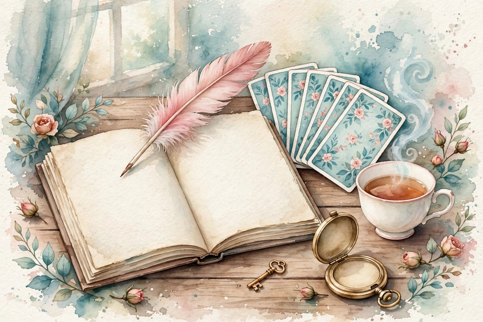 Watercolor storybook still life: an open storybook with blank pages, a flamingo feather quill, fanned playing cards, a steaming teacup, a tiny golden key, and a pocket watch