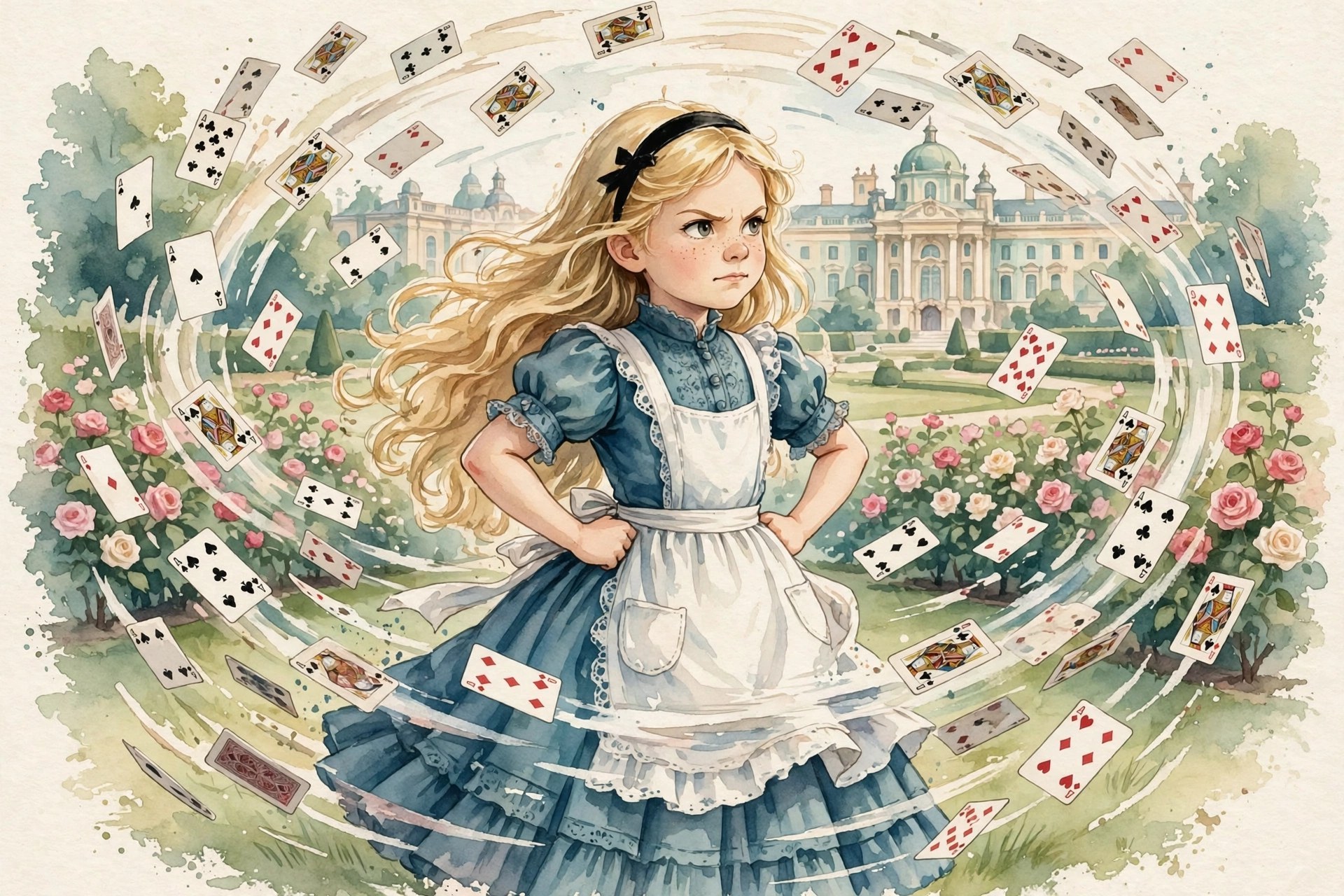 Watercolor storybook illustration of Alice among swirling giant playing cards
