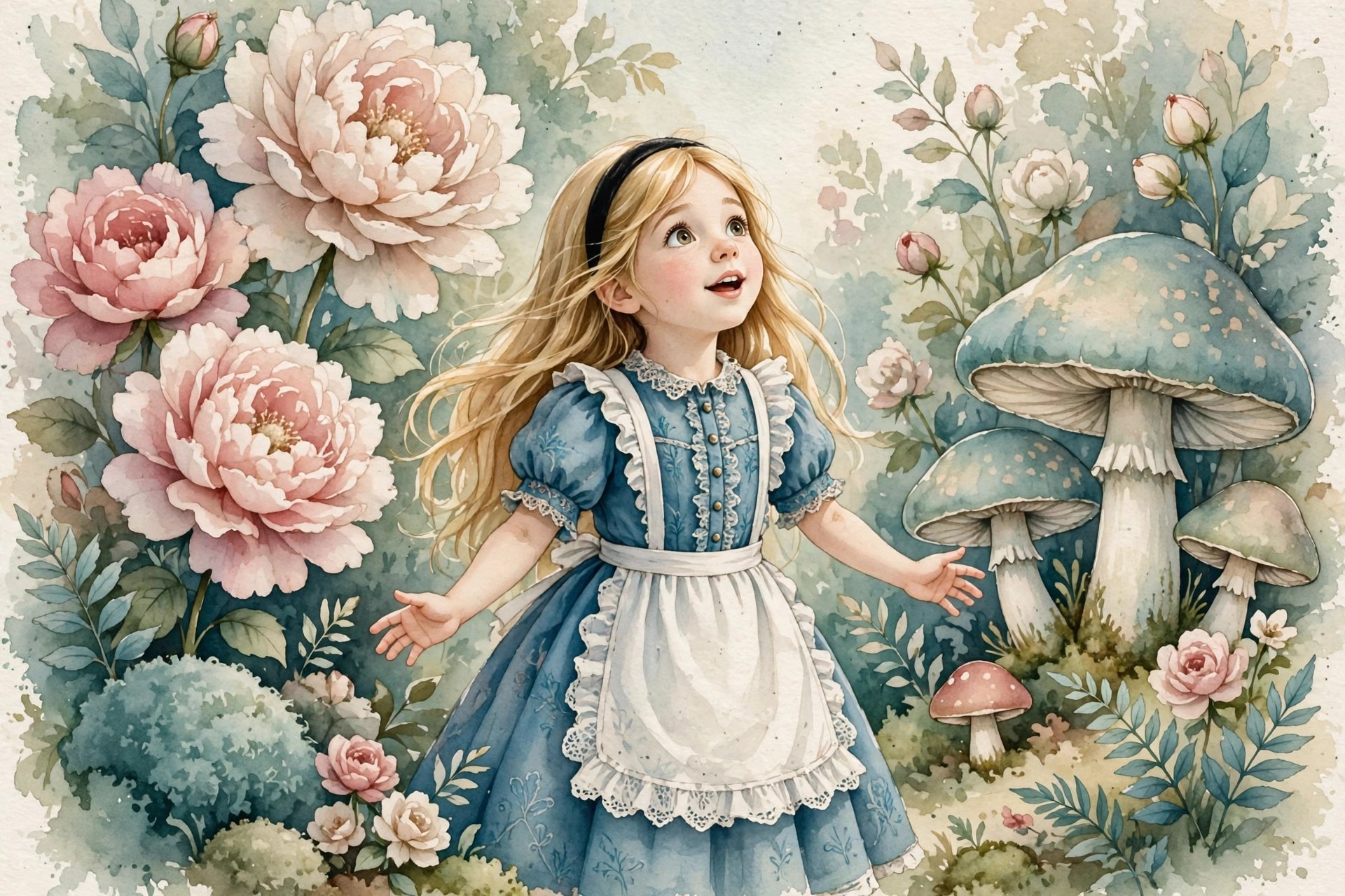 Watercolor storybook illustration of Alice among oversized flowers, one of the social pack's shareable scenes