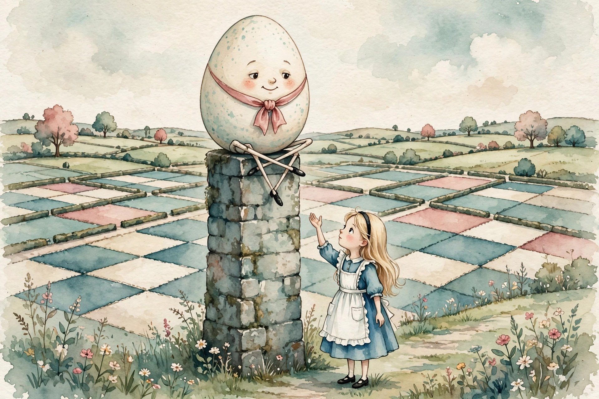 Watercolor storybook illustration of Humpty Dumpty on his wall among floating words