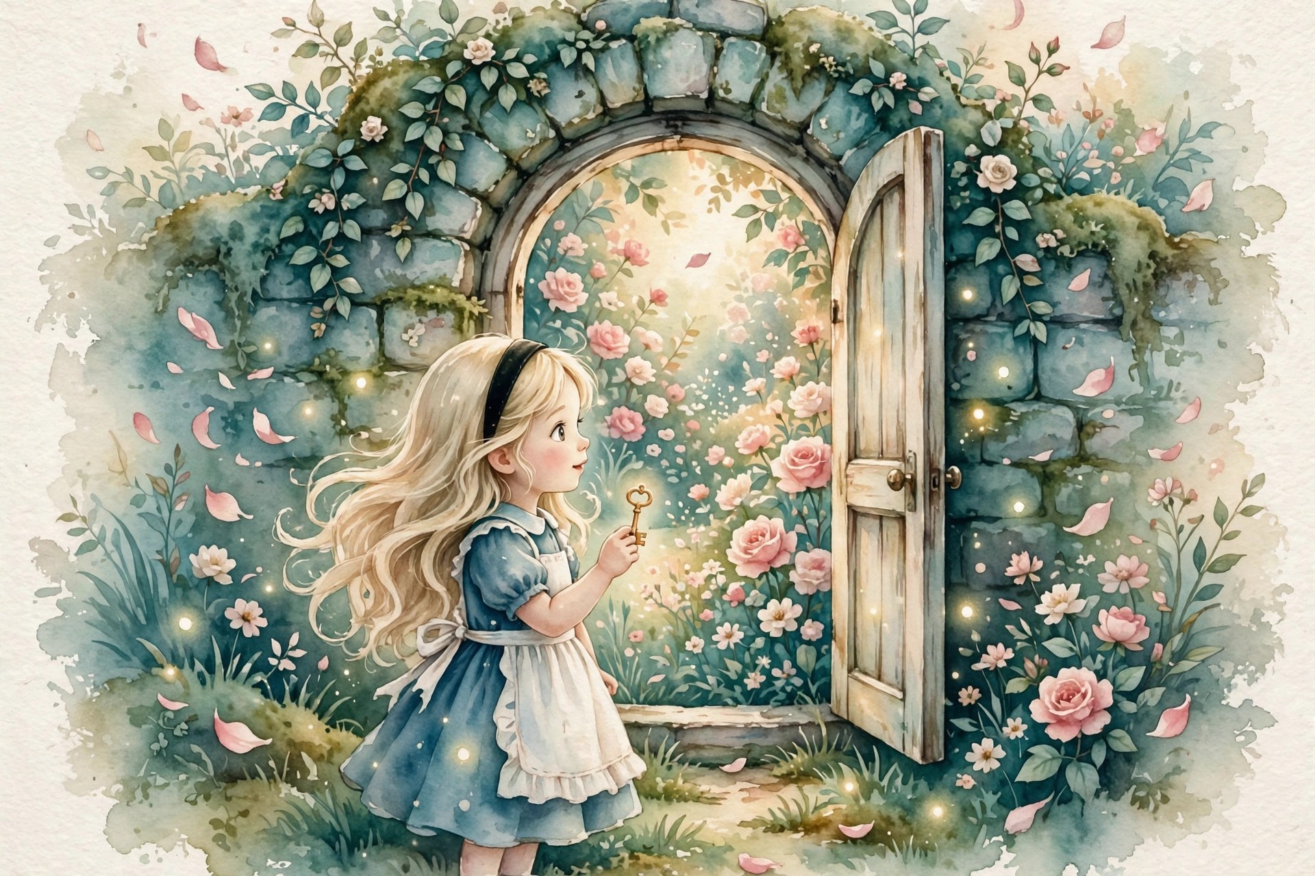 Watercolor storybook illustration of a tiny golden-keyed door glowing in a dark wood