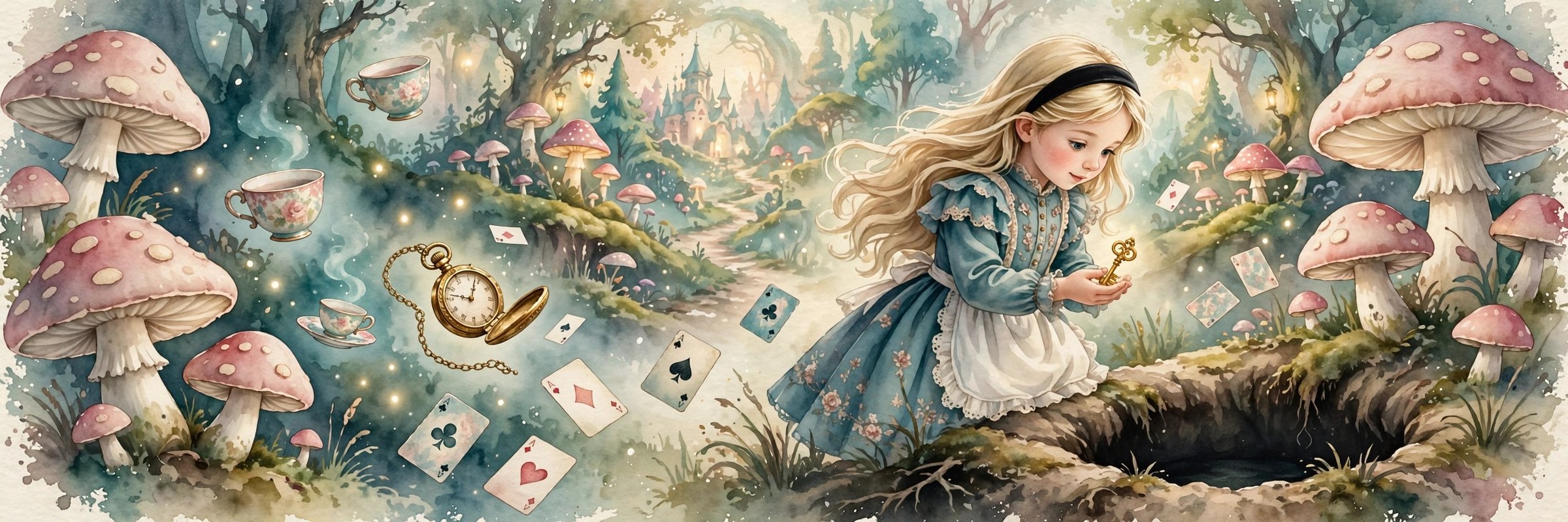 The stream's animated Alice character in storybook watercolor style: blonde hair with a black headband, blue dress and white pinafore, holding a golden key beside a rabbit-hole