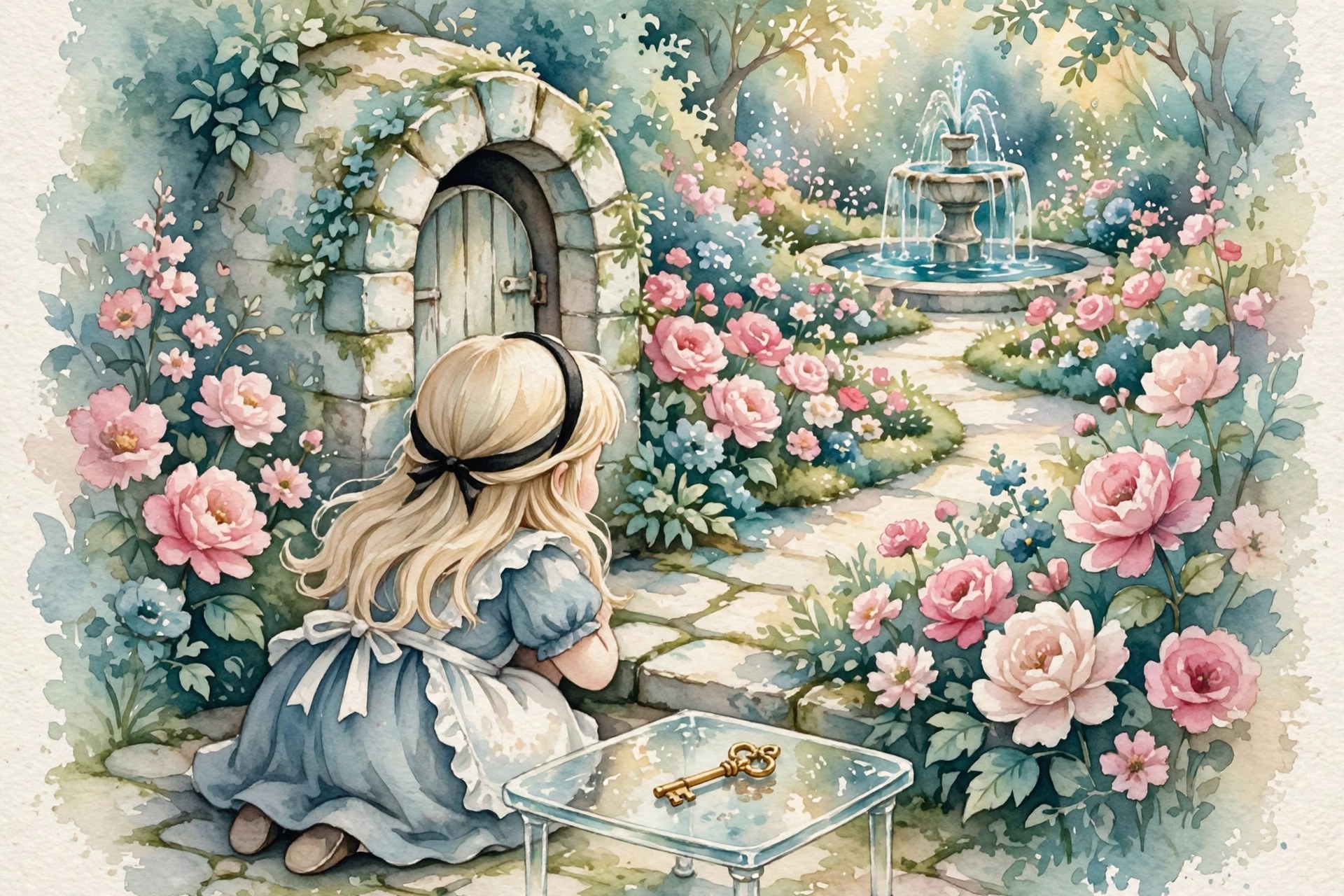 Watercolor storybook illustration of the lovely garden glimpsed through the little door: bright flower beds, cool fountains, and a tiny golden key