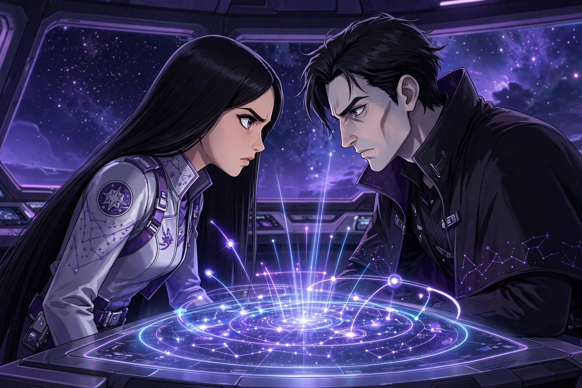 Amara Cole facing a rival navigator across a glowing star chart table