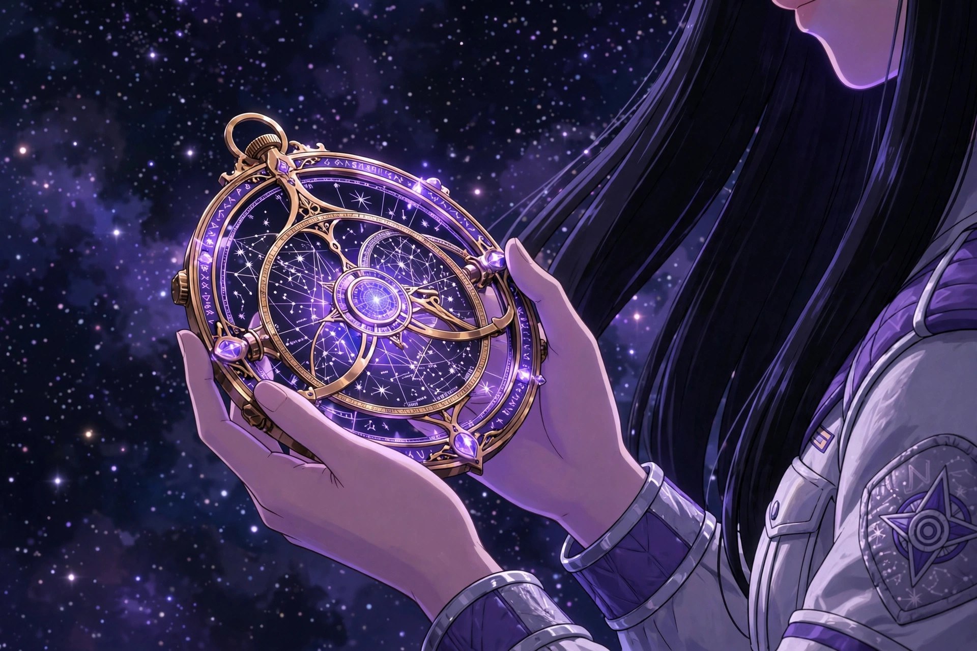 Close-up of Amara Cole's hands holding a glowing violet-and-brass astrolabe compass etched with star charts