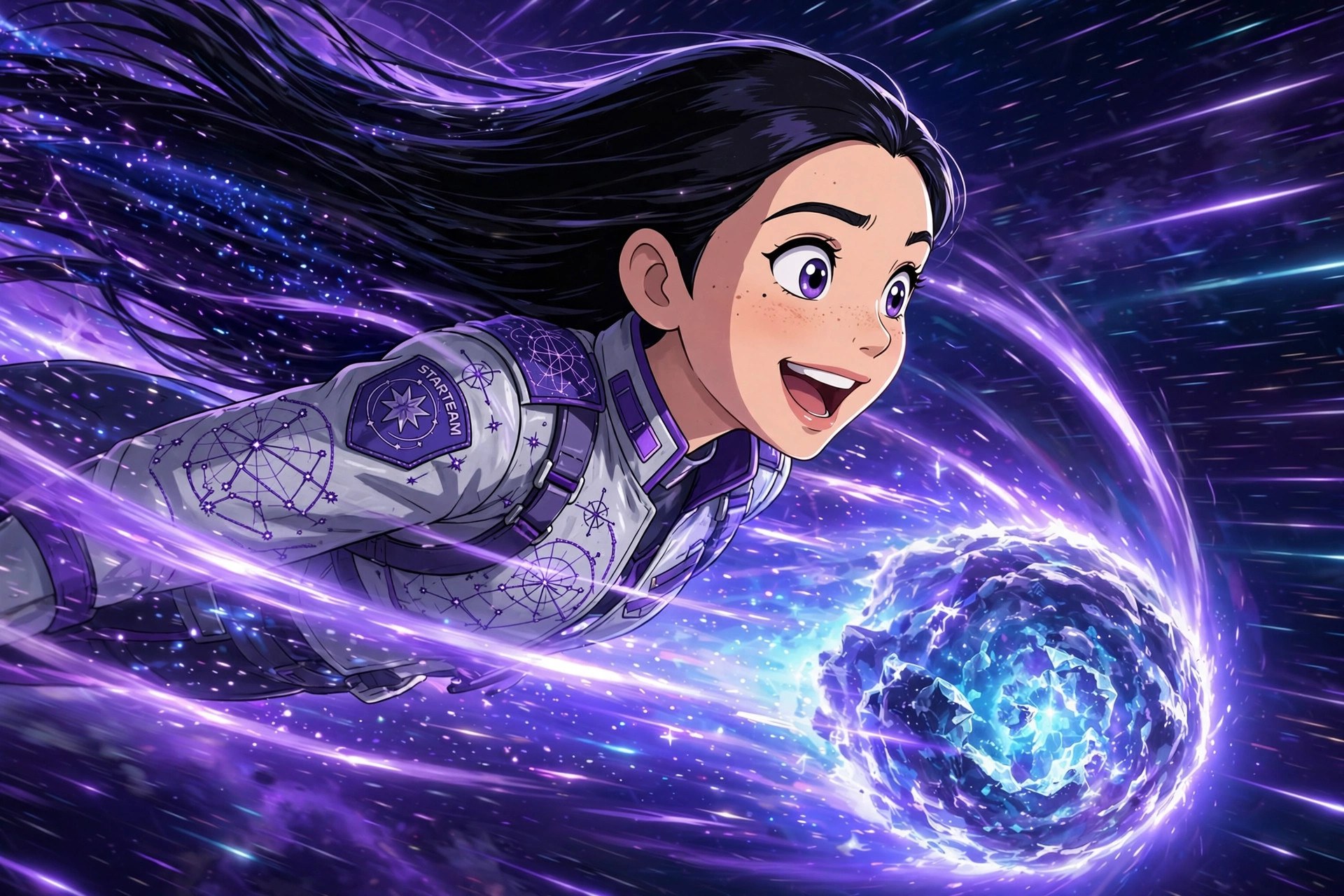 Amara Cole riding a comet close-up, cinematic violet light