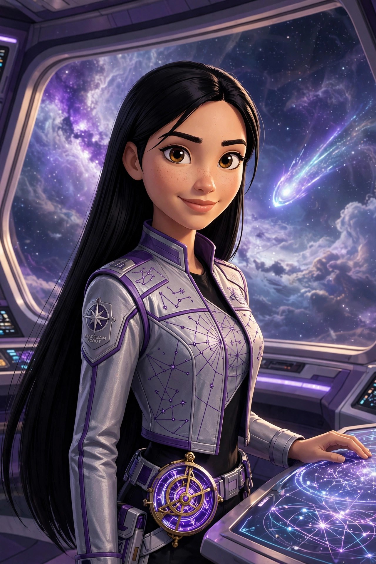 Amara Cole, an original animated sci-fi heroine: a young woman with long black hair in a silver-and-violet scout uniform, on a starship observation deck before a violet nebula