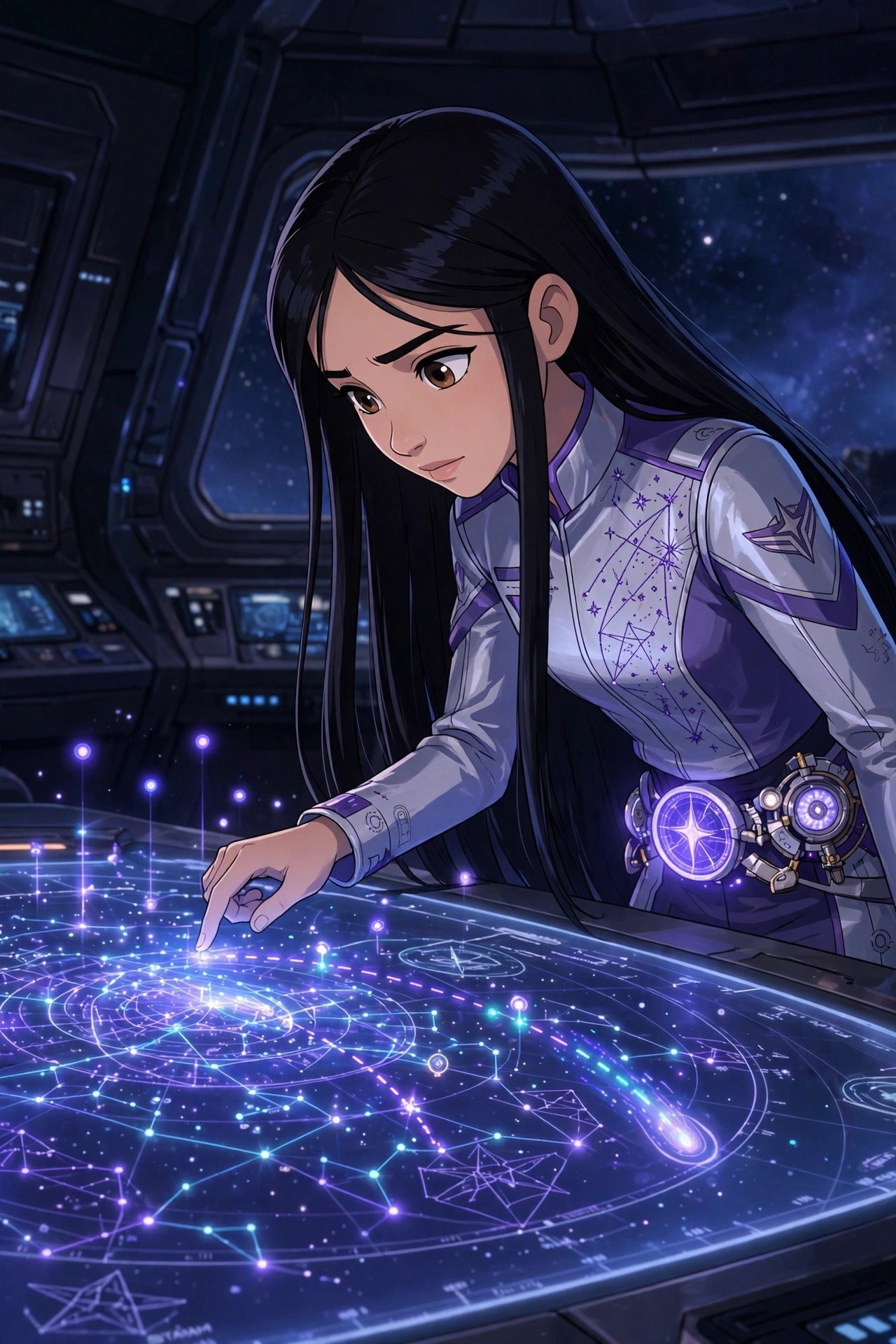 Amara Cole studying a glowing star chart covered in constellation lines