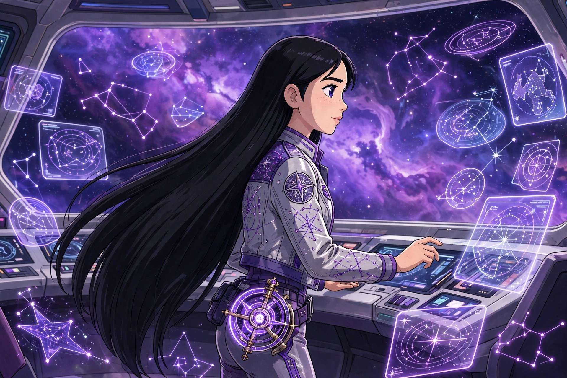 Amara Cole at the navigation console of a starship bridge surrounded by holographic charts