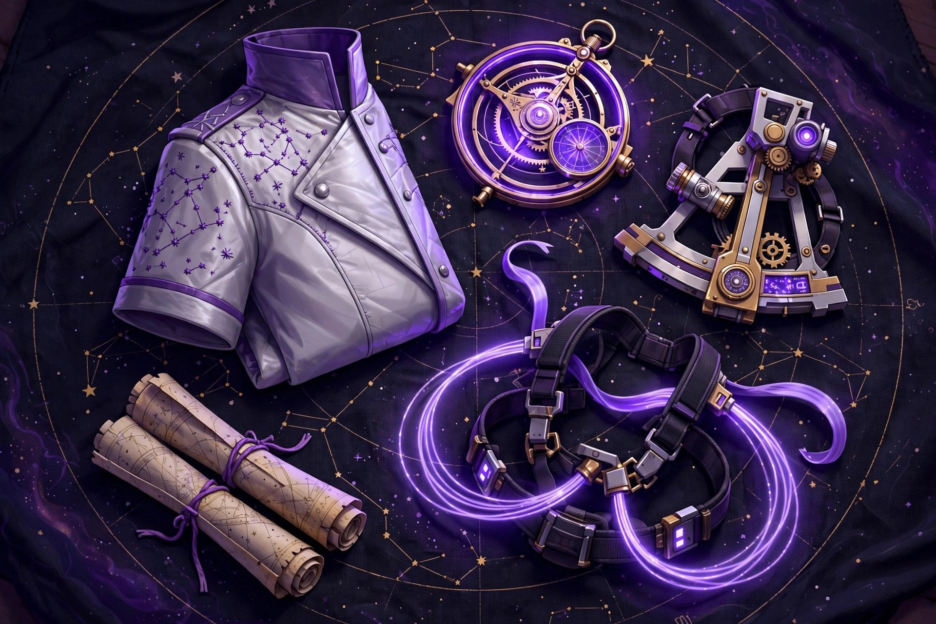 Flat-lay of Amara Cole's scout gear: silver-and-violet coat with star-chart embroidery, astrolabe, sextant, and harness