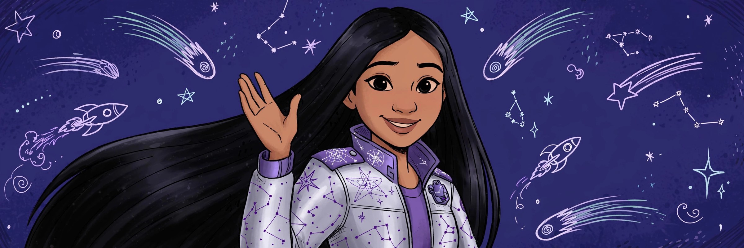 Amara Cole waving hello, surrounded by playful hand-drawn-style comets and stars