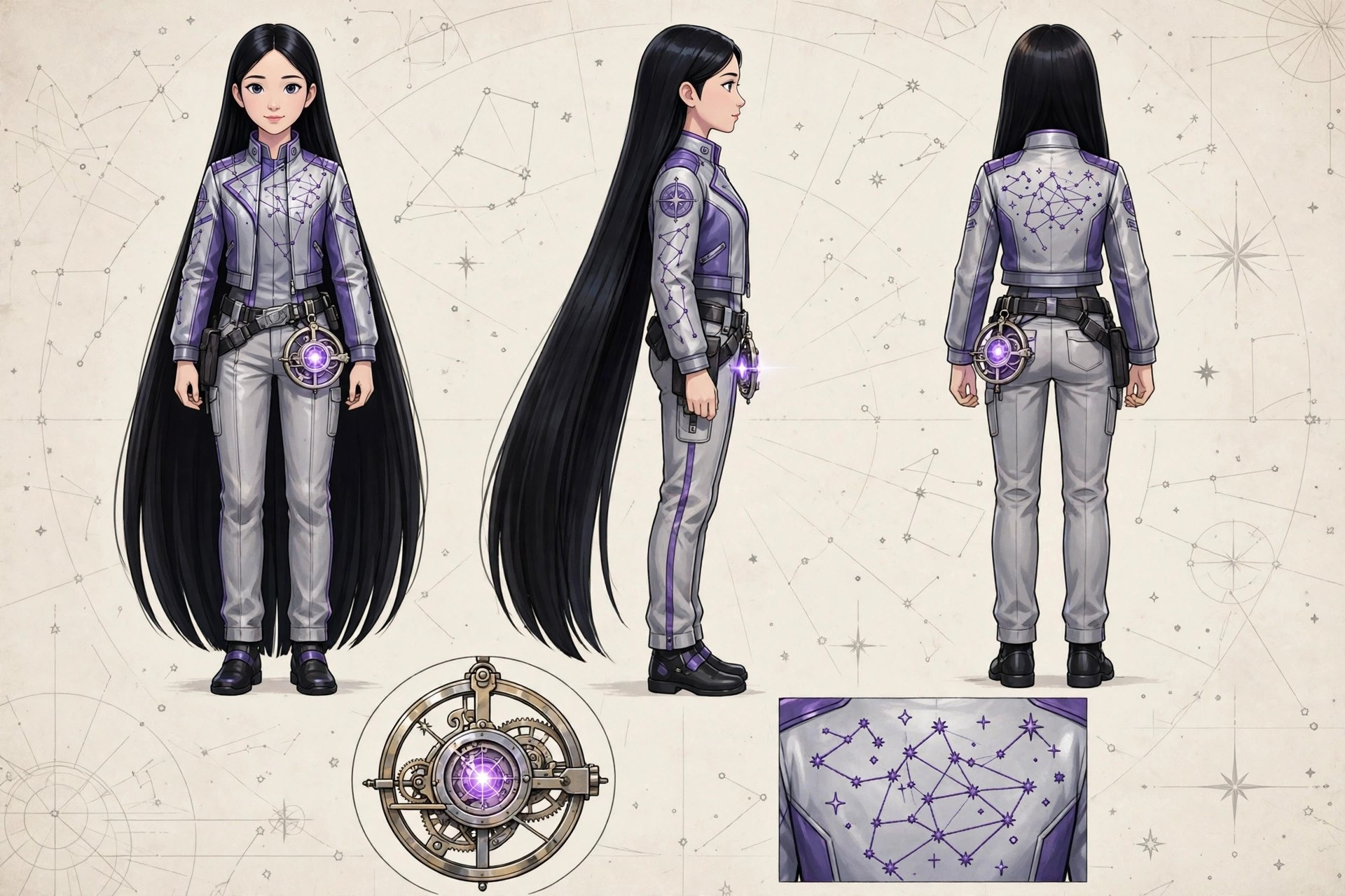 Character design sketches of Amara Cole's uniform and astrolabe