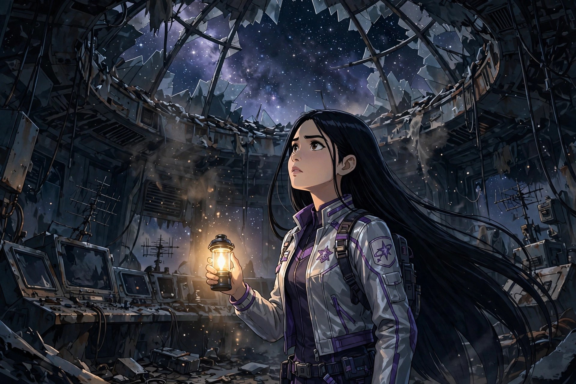 Amara Cole exploring a derelict listening post under a broken star dome