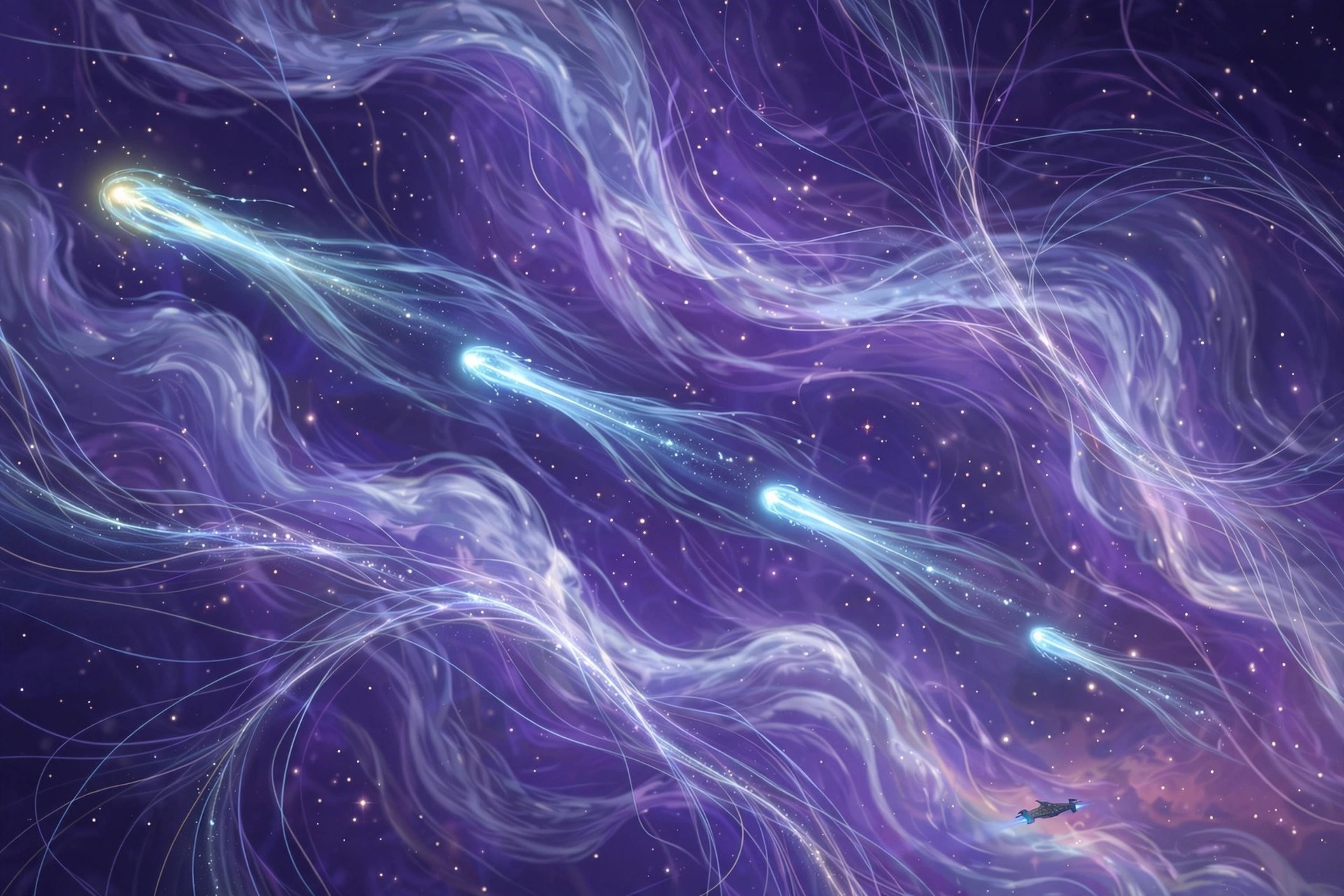 A violet-and-silver nebula with a chain of glowing comets crossing it