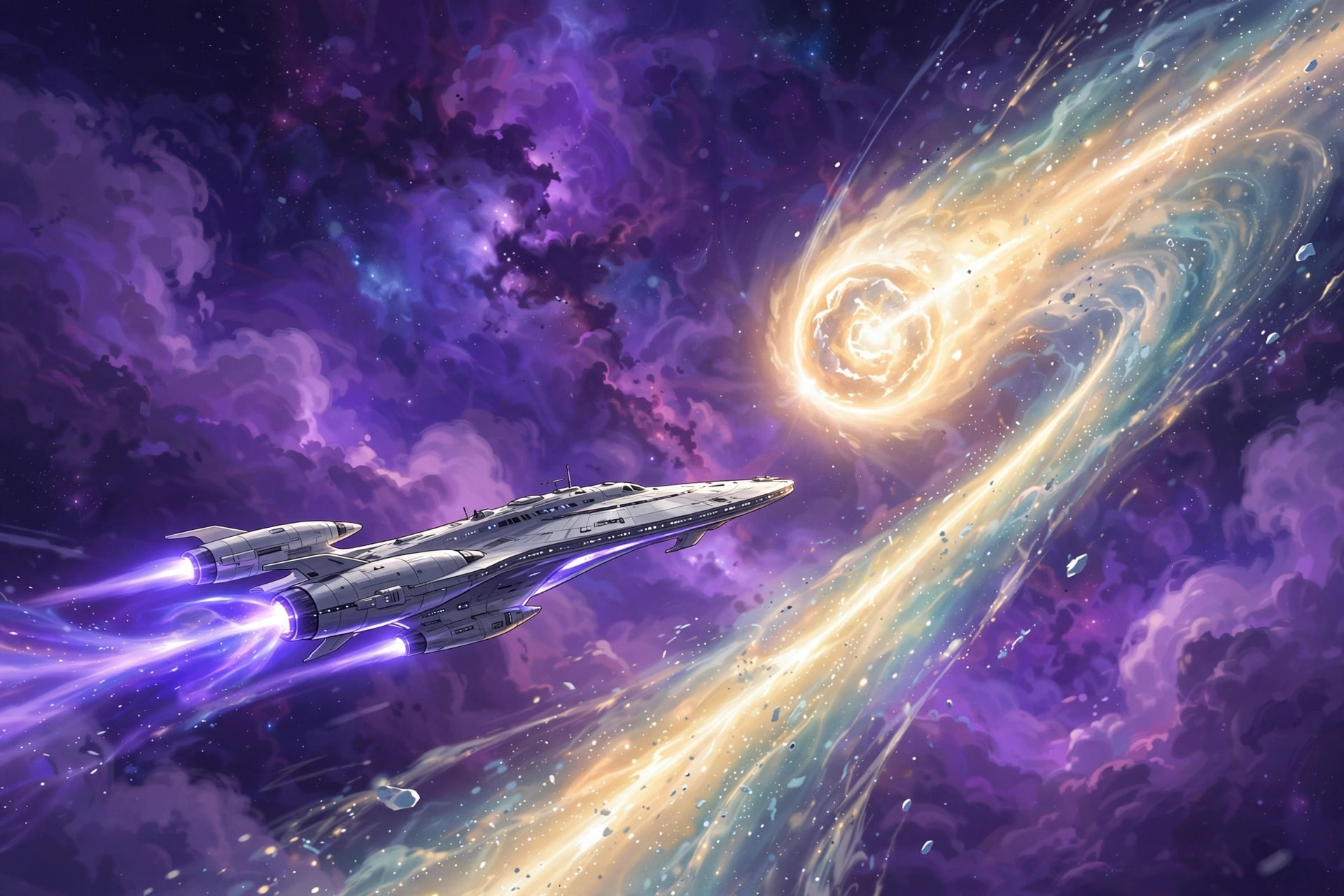 The scout starship Meridian sailing past a glowing comet with violet engine trails