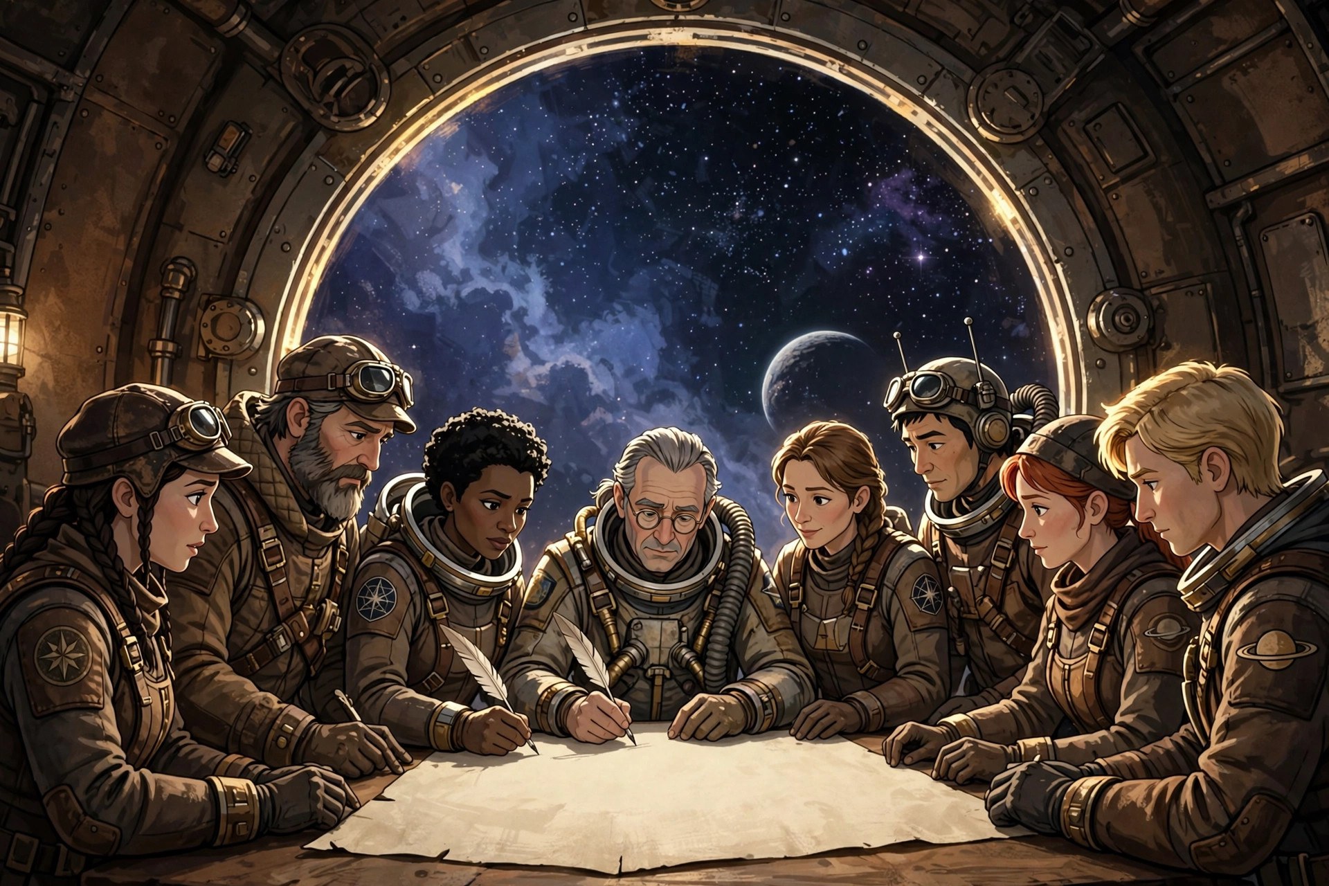 A stylized mural of eight founders signing the StarTeam Charter at a station viewport