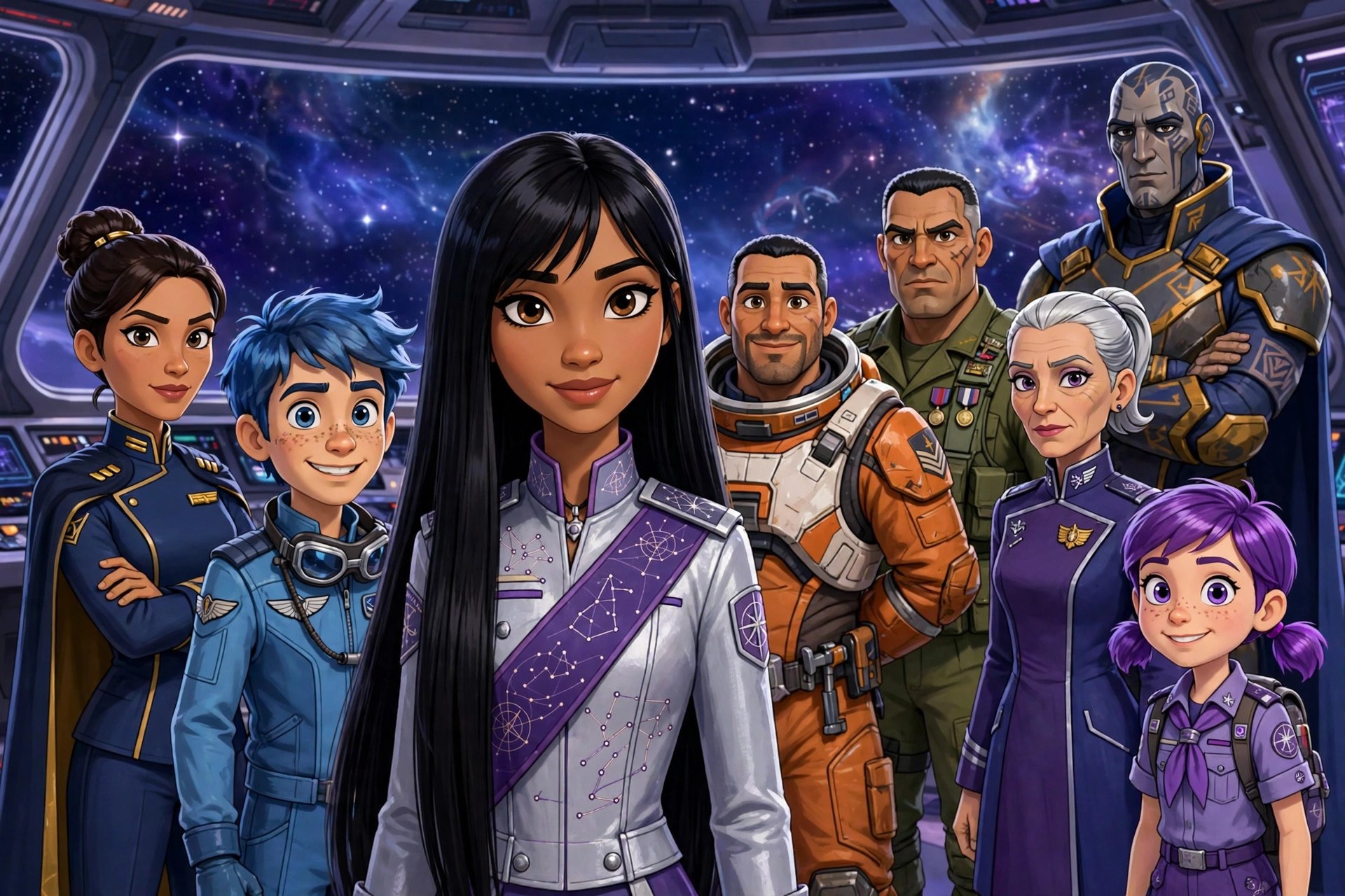 The StarTeam crew: eight original animated sci-fi heroes standing together on a starship bridge, Amara Cole at the center