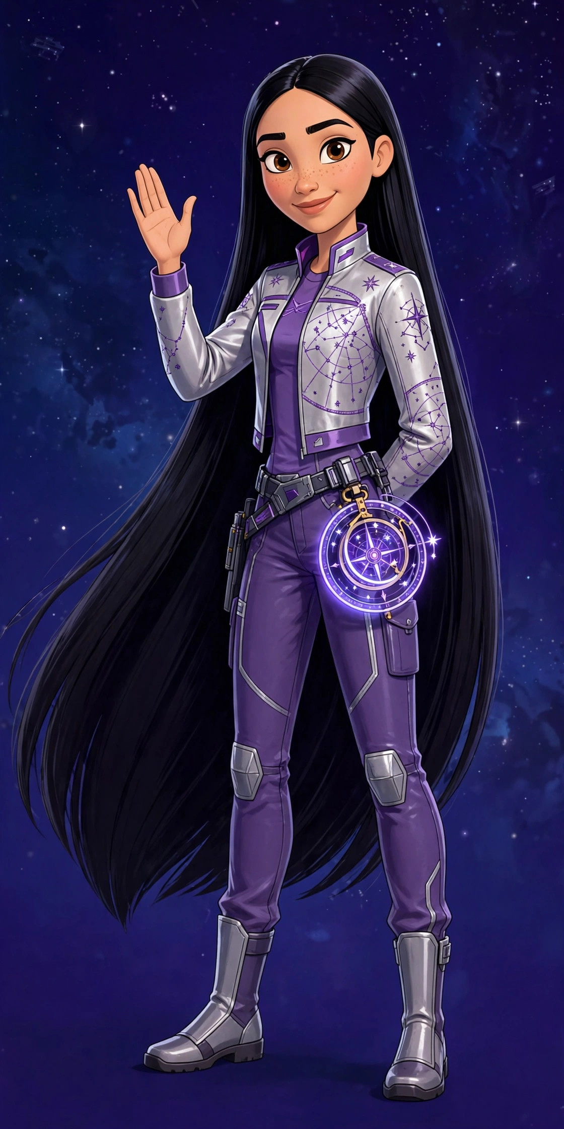 Full-body illustration of Amara Cole in her silver-and-violet scout uniform, waving hello