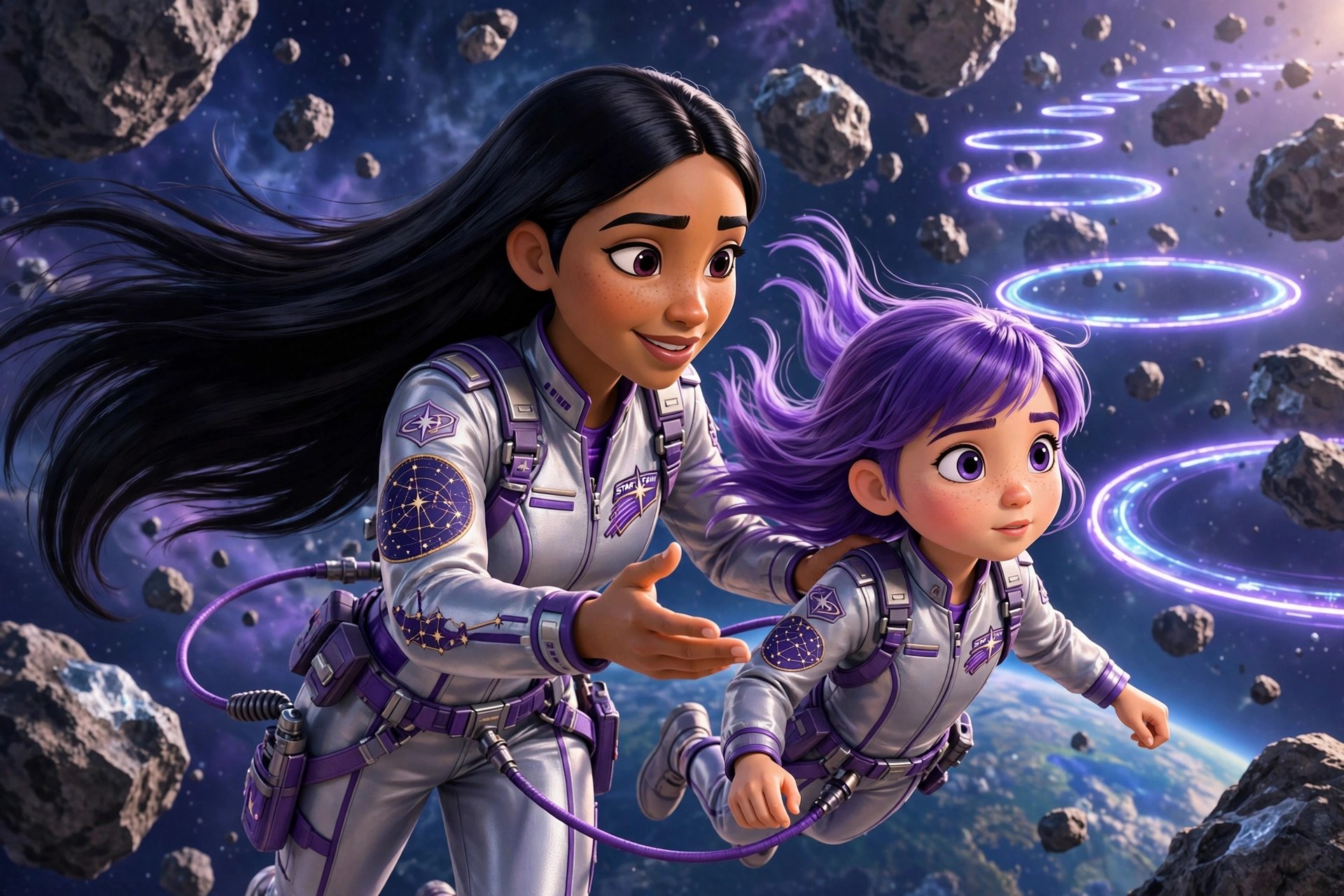 Amara Cole guiding a young violet-haired apprentice through an asteroid obstacle course