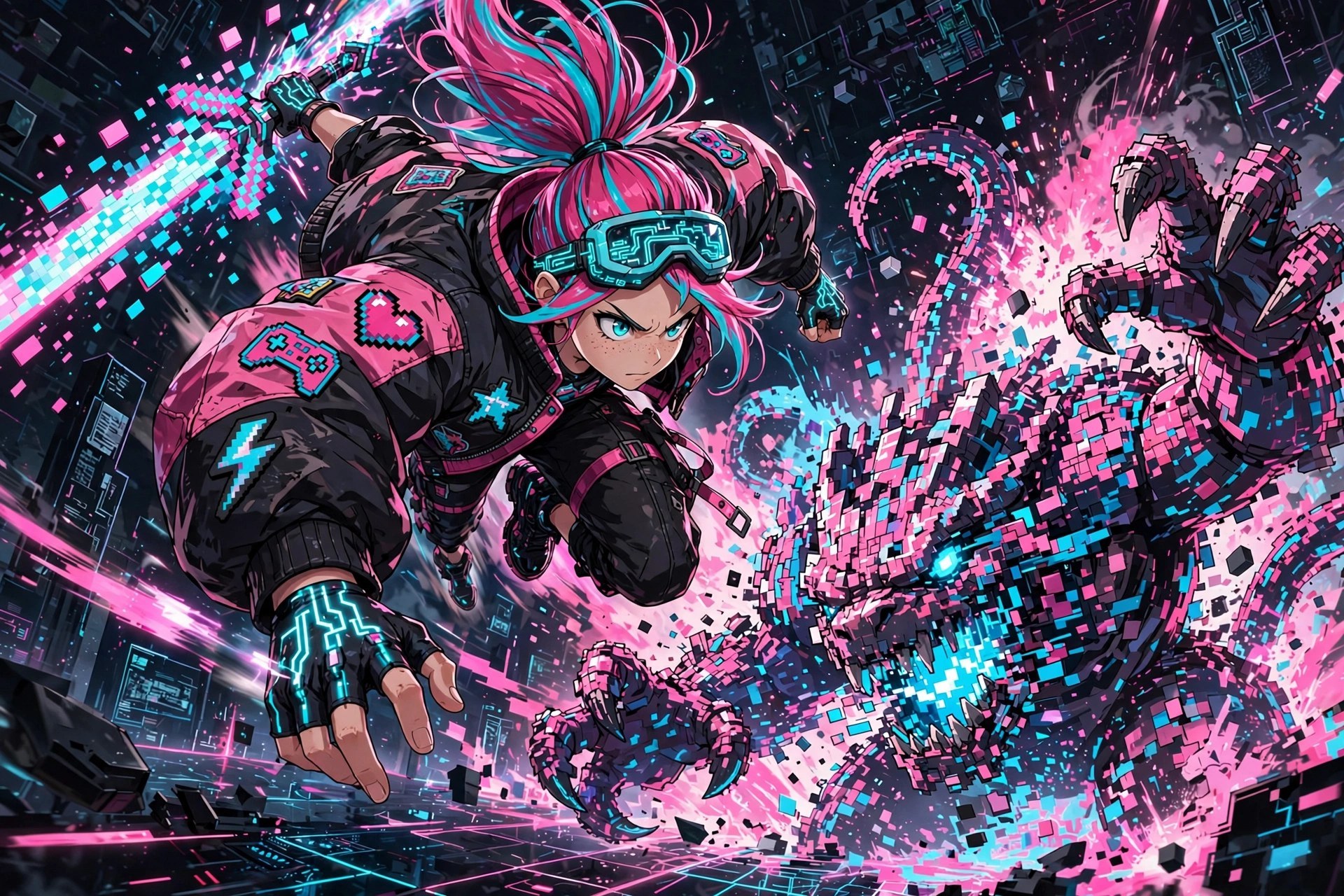 Ani facing the Glitch King in the boss arena