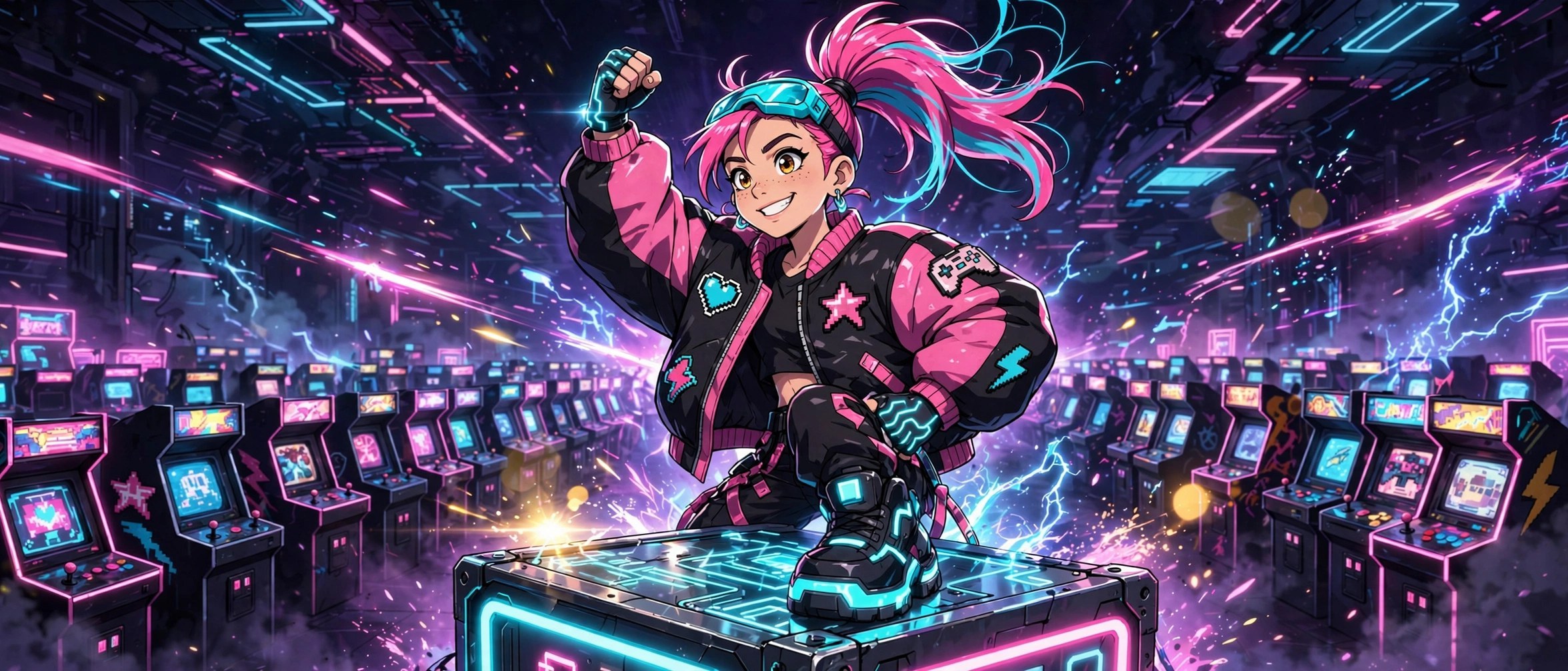 Ani Sparks standing triumphant in the neon cyber-arcade