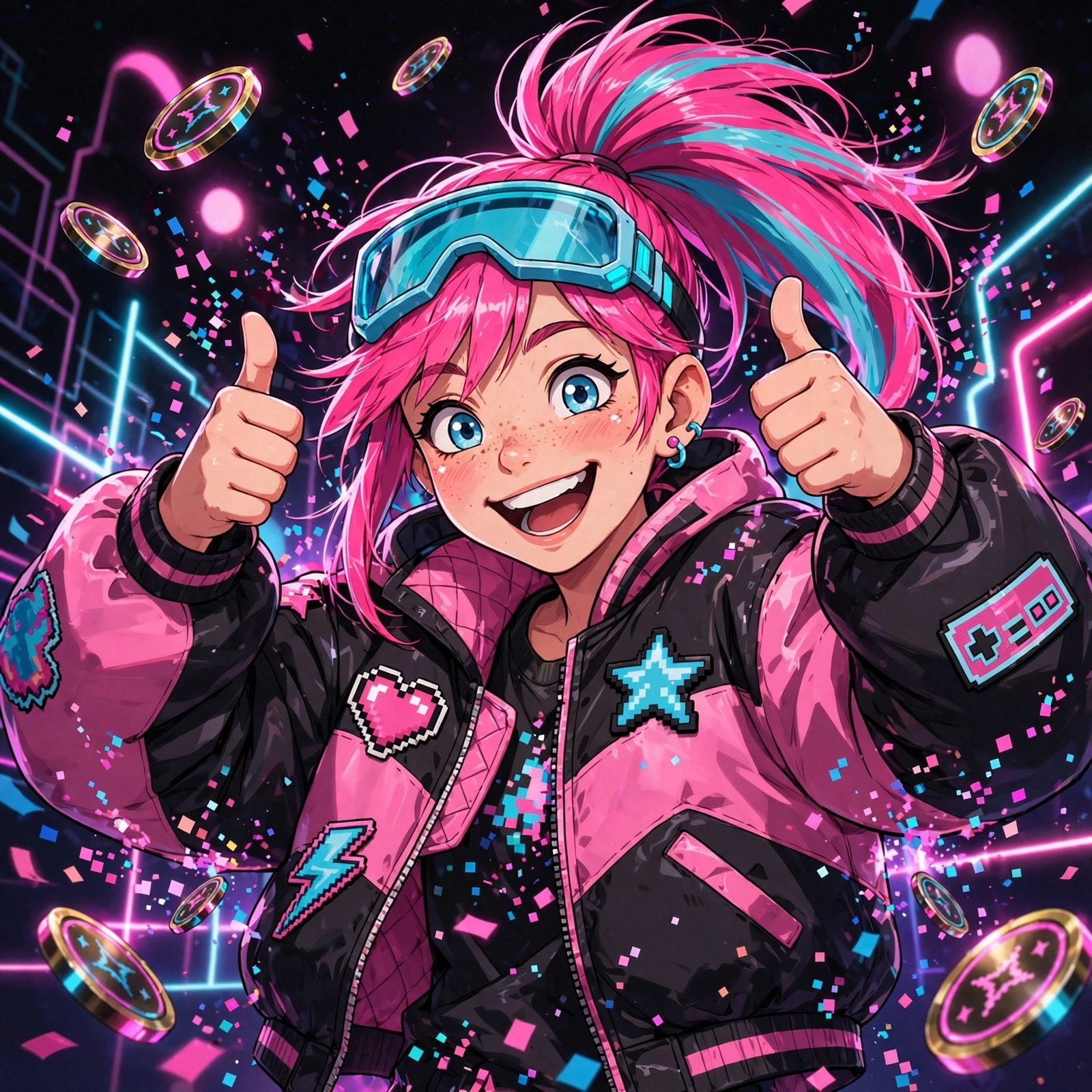 Double thumbs-up with arcade tokens flying — pure victory energy.