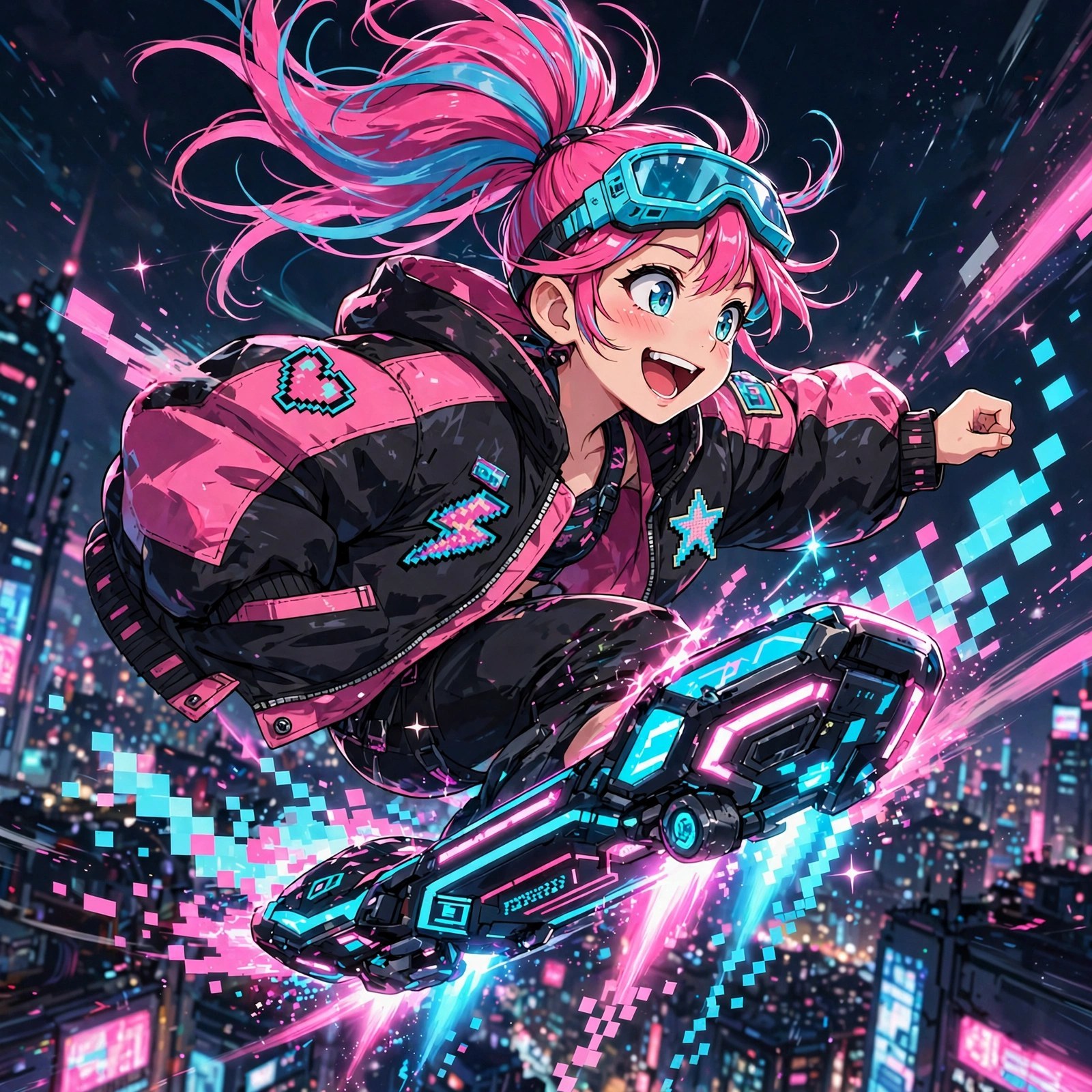 Mid-air hover-board trick over Neon City.