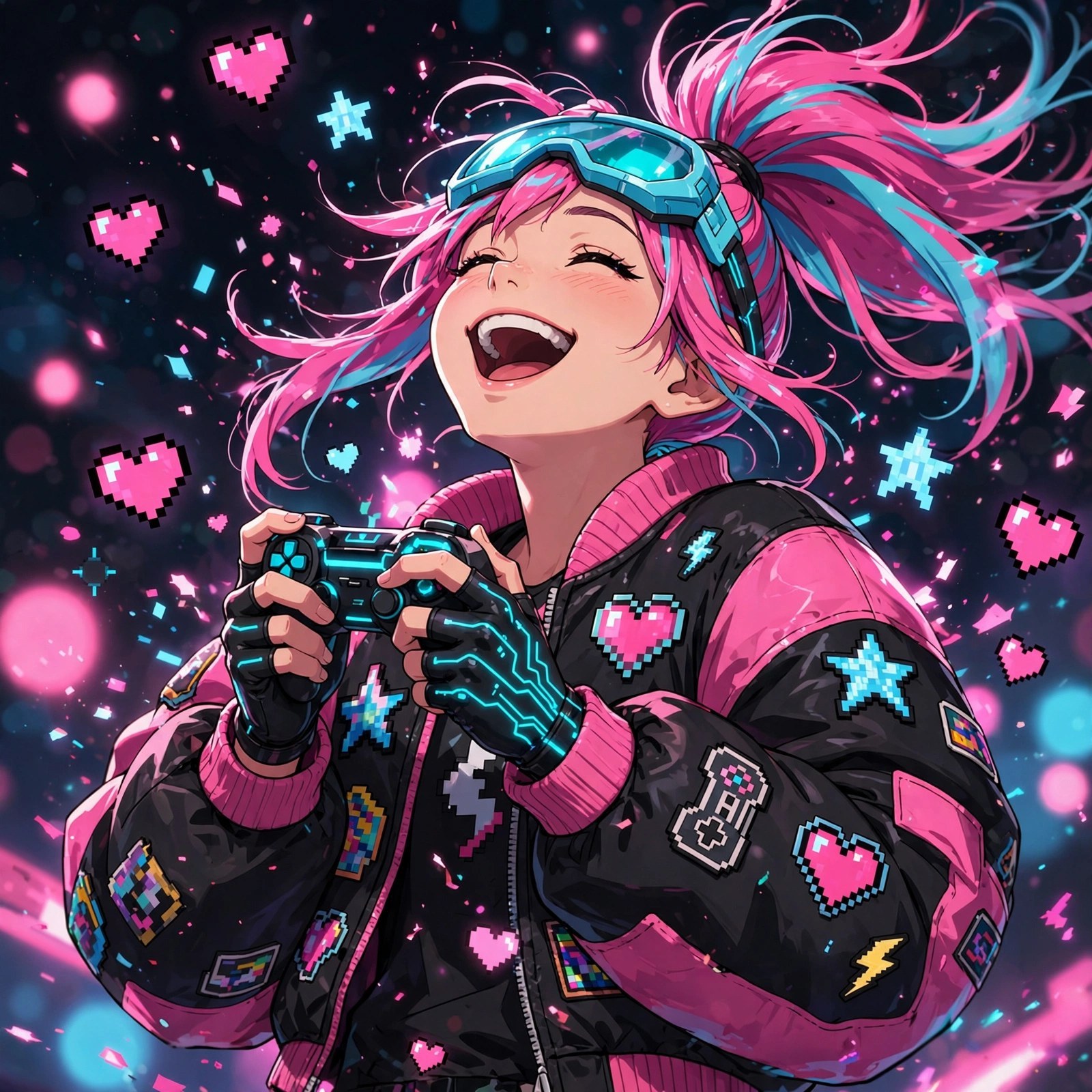 Laughing with her controller — joy, framed.