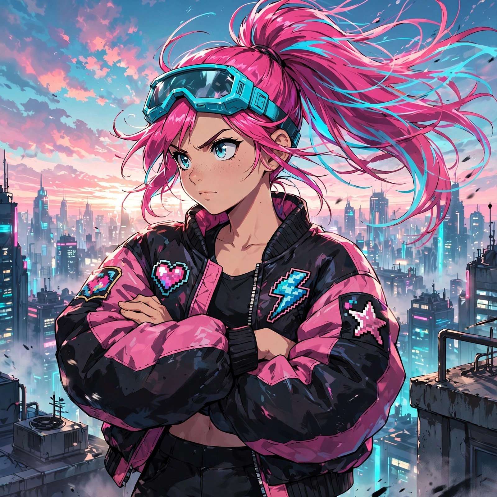 Rooftop at dawn, arms crossed — the champion's portrait.
