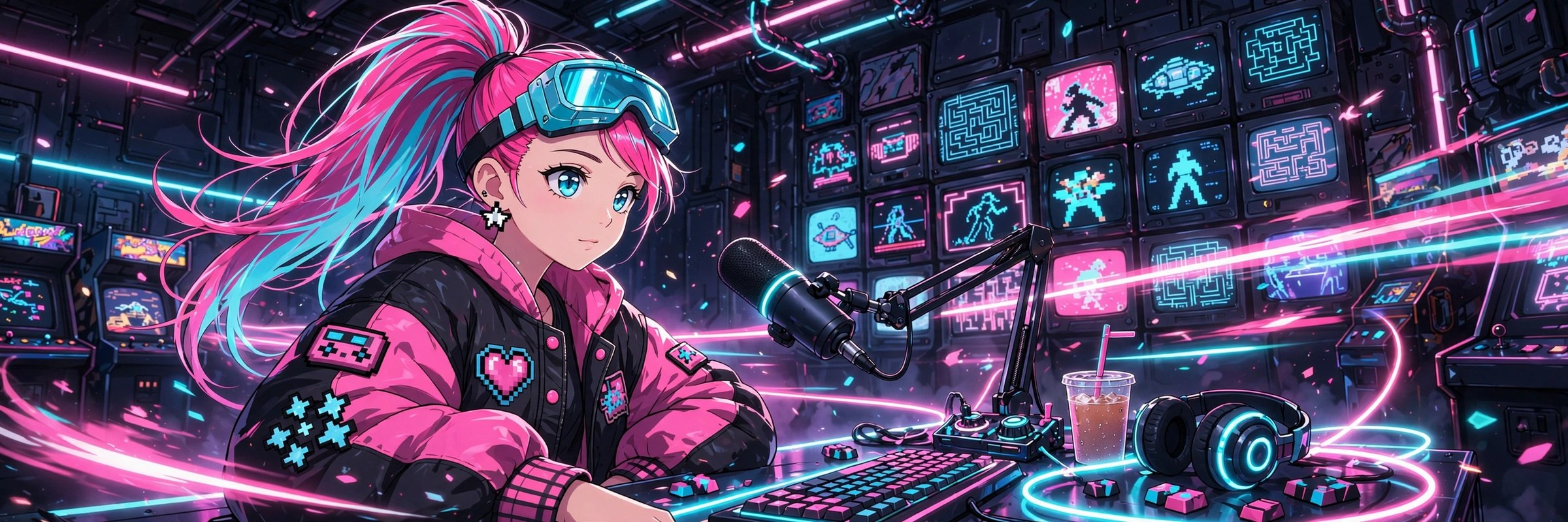 Ani at her neon streaming desk — the stream's home base