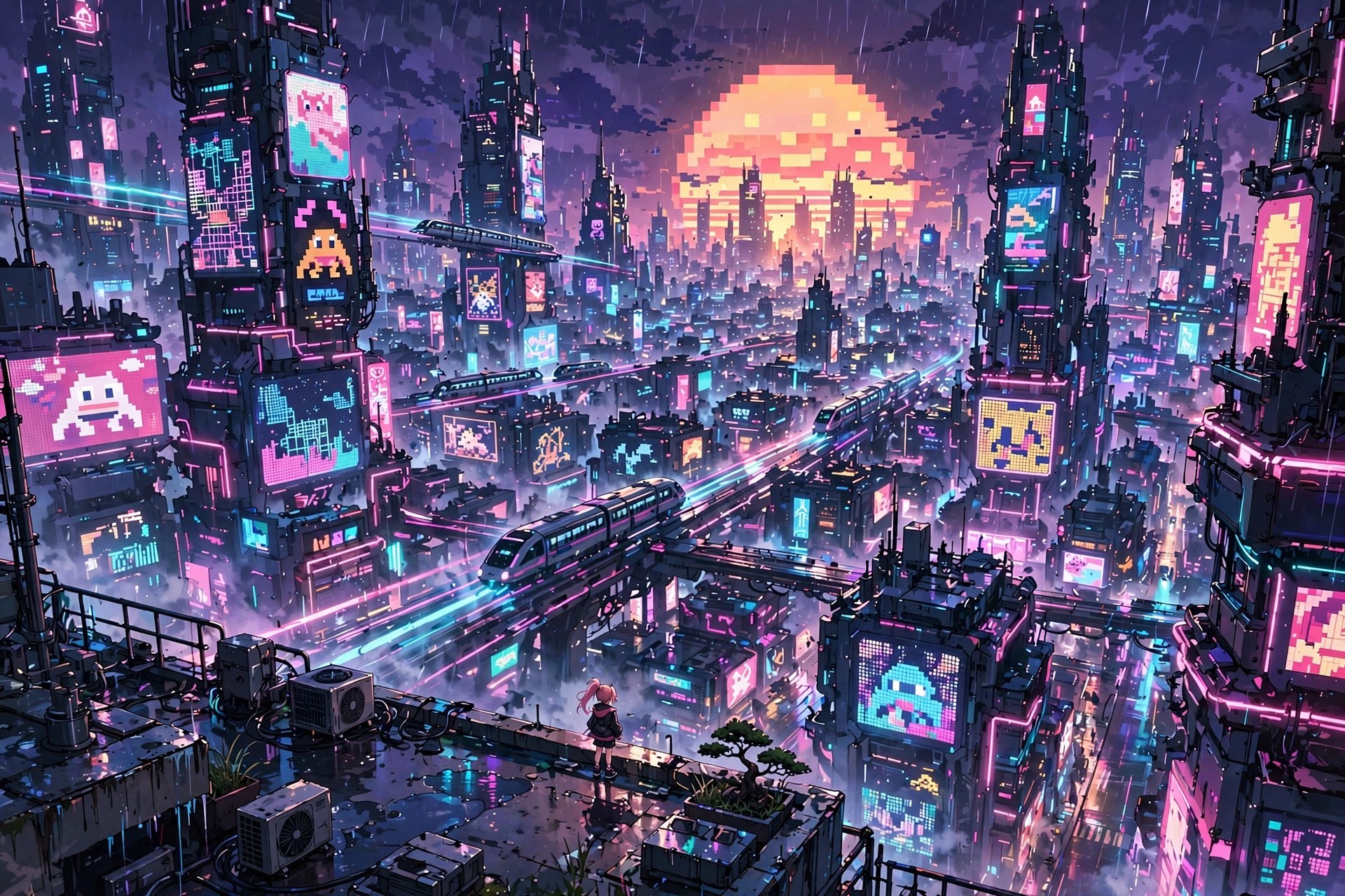 The Neon City skyline, wrapped in holographic arcade screens