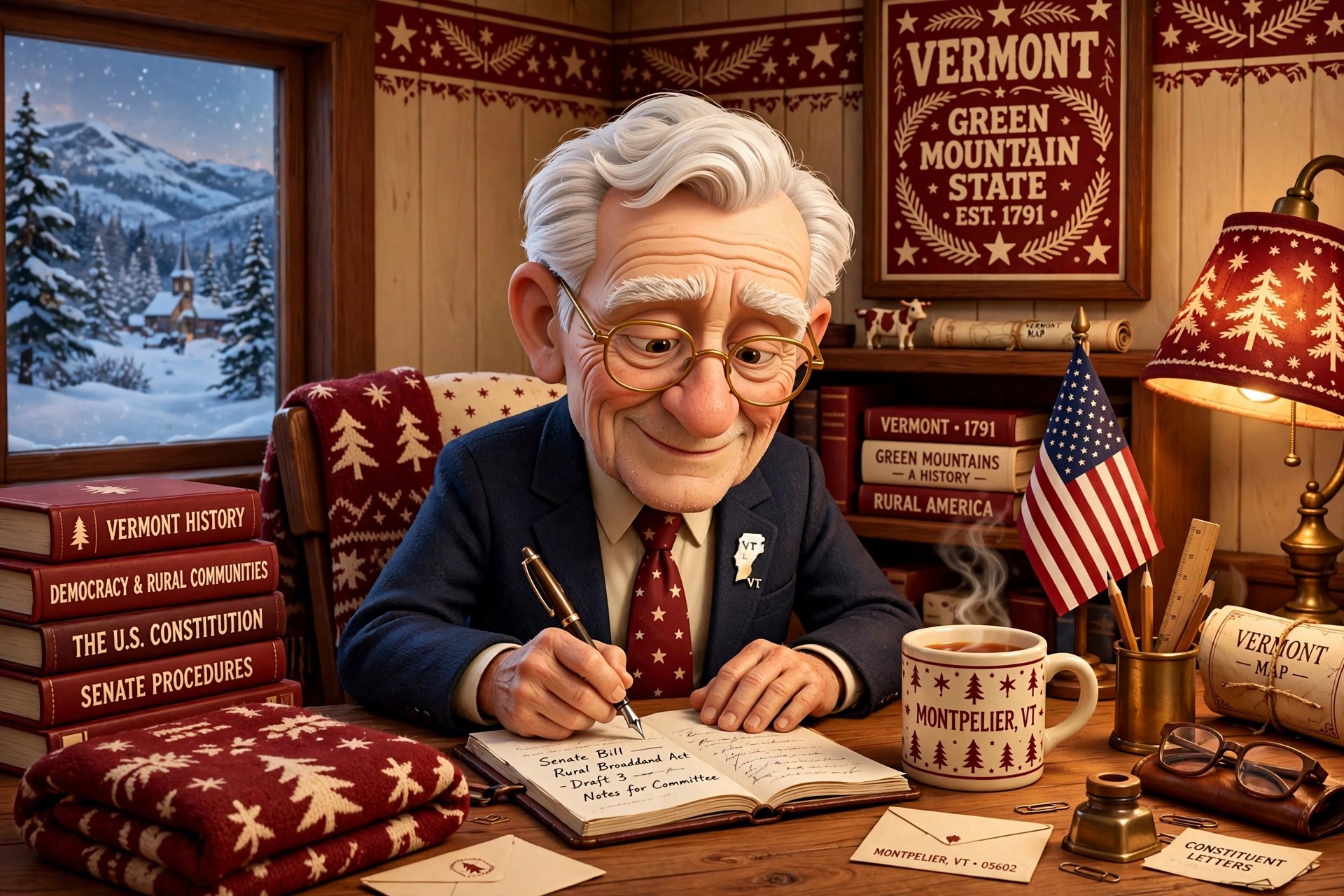 Cartoon illustration of the animated senator character writing at a wooden desk