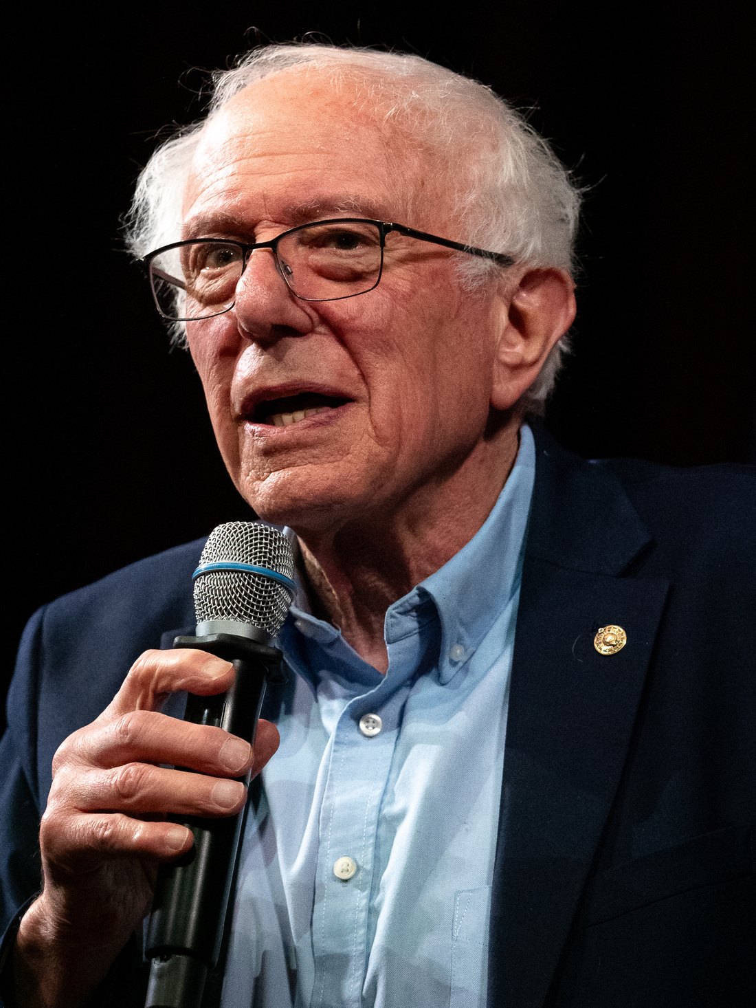 Bernie Sanders speaking at a student Q&A at Stanford University in February 2026