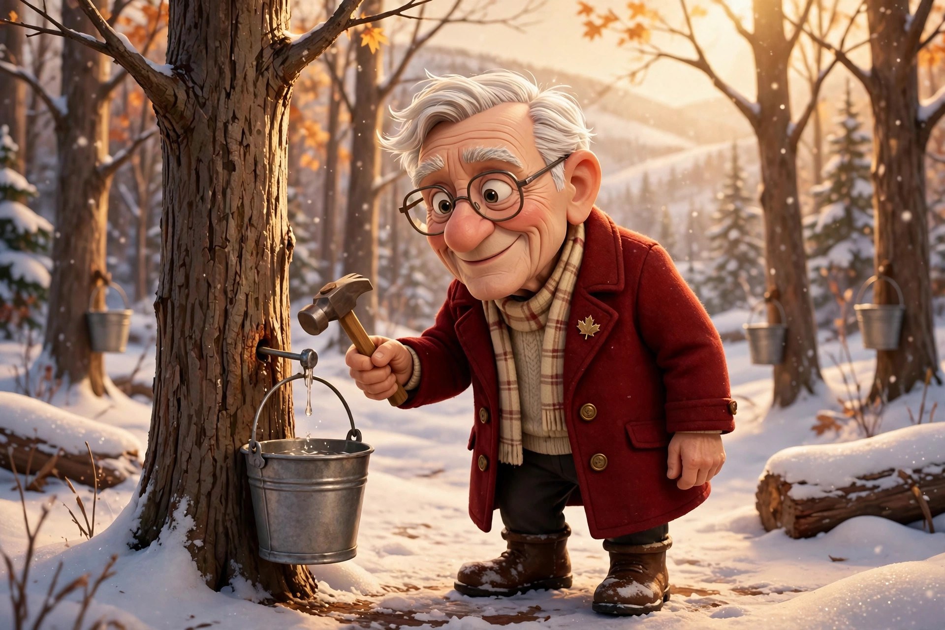 Stylized cartoon senator character tapping a maple tree