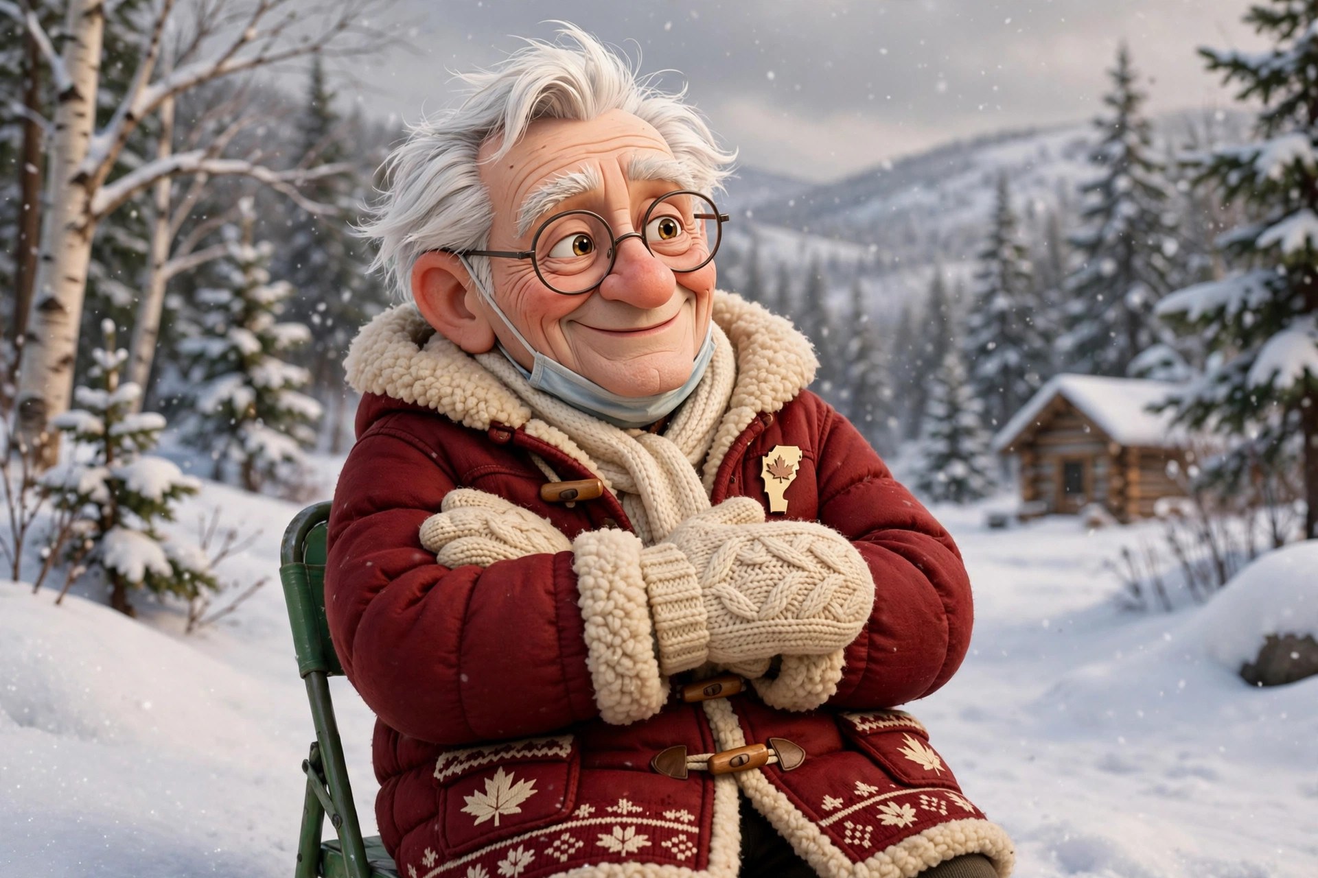 Stylized cartoon senator character seated in a folding chair wearing mittens