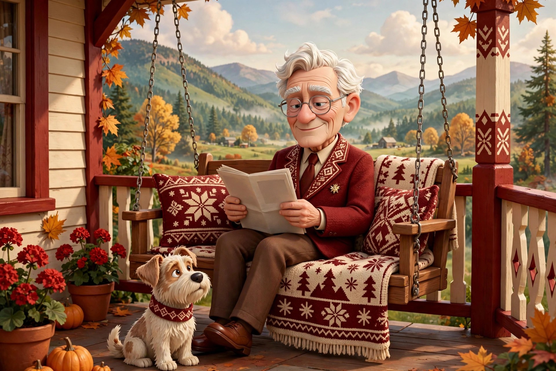 Stylized cartoon senator character reading a newspaper on a porch swing