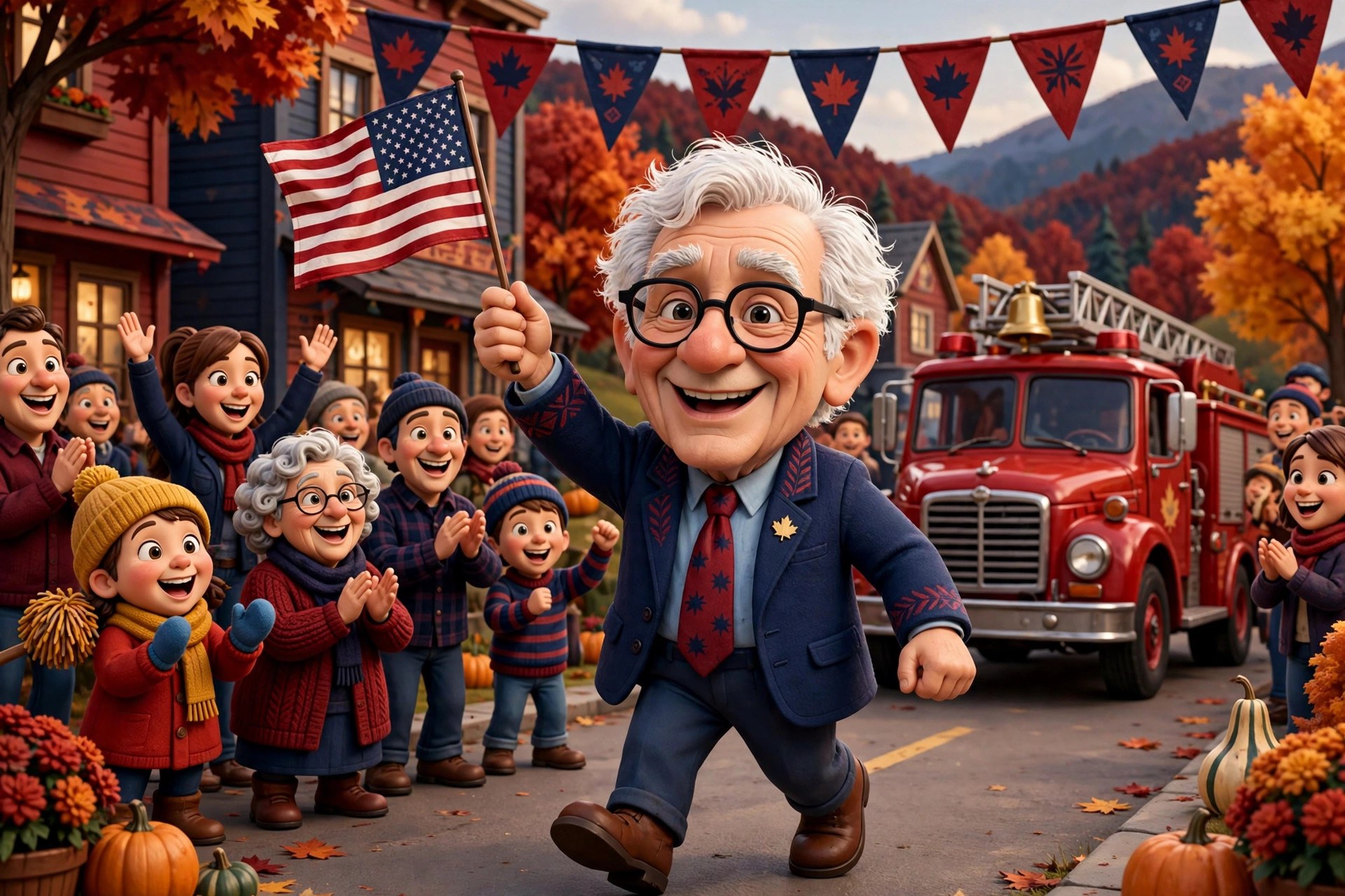 Stylized cartoon senator character marching in a parade carrying an American flag