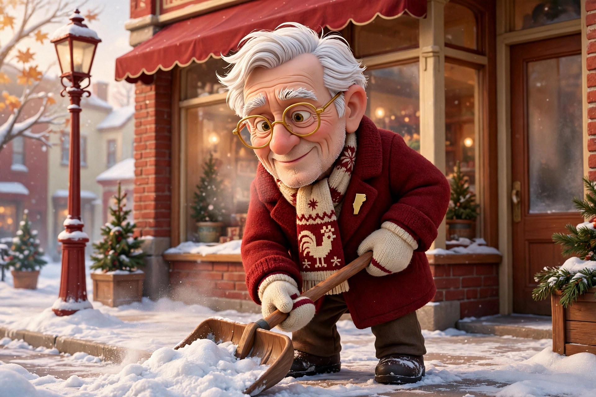 Stylized cartoon senator character shoveling snow on a Burlington sidewalk