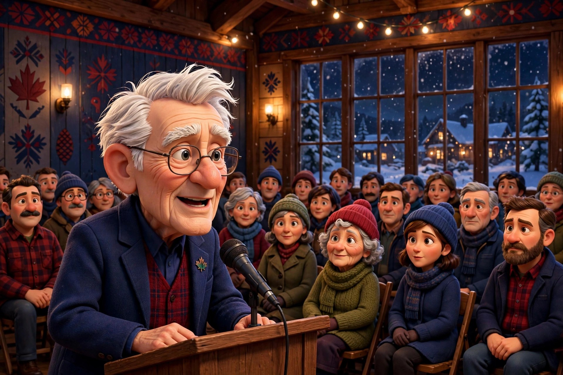 Stylized cartoon senator character speaking at a winter town meeting