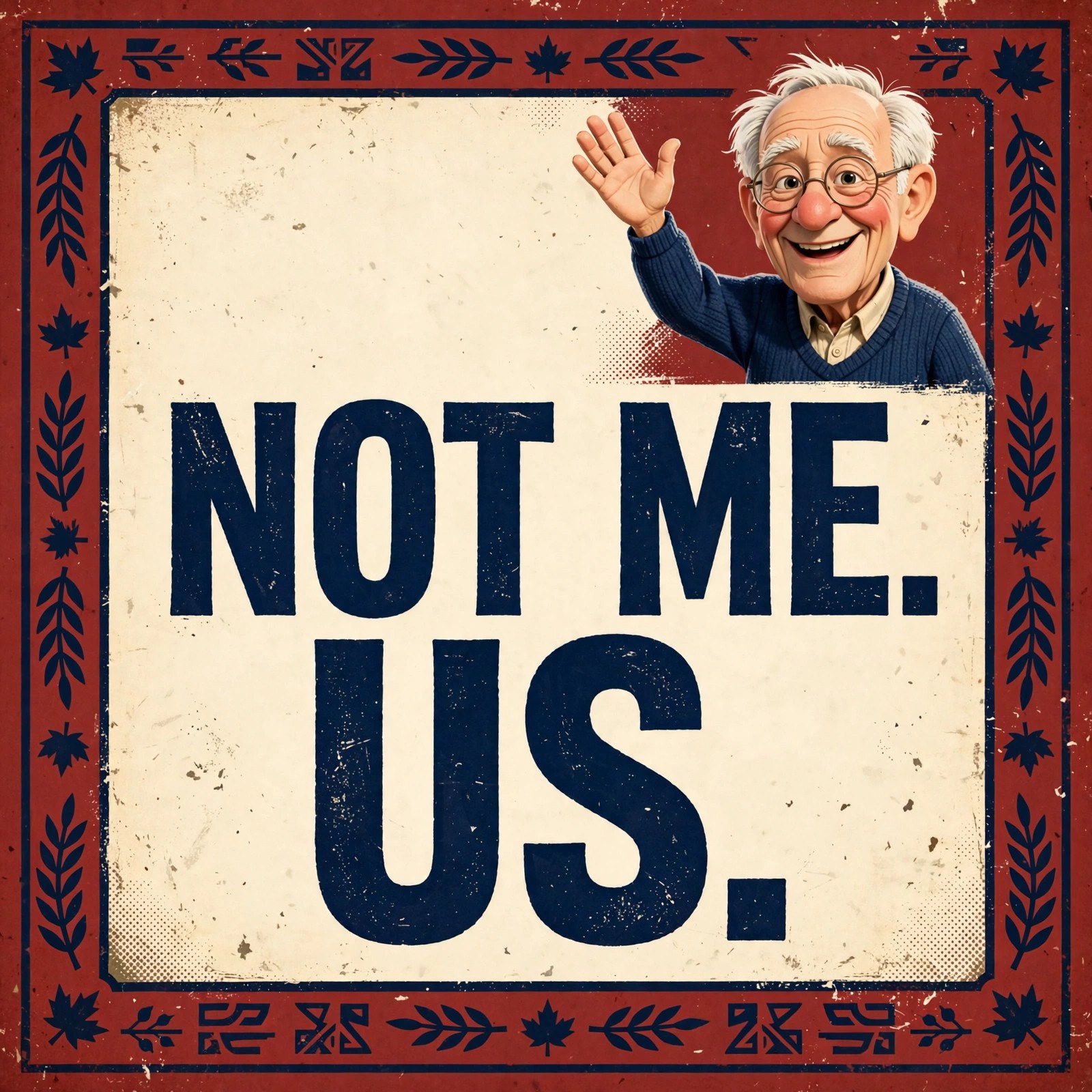 Shareable quote card: stylized cartoon senator character waving beside the words 'NOT ME. US.'