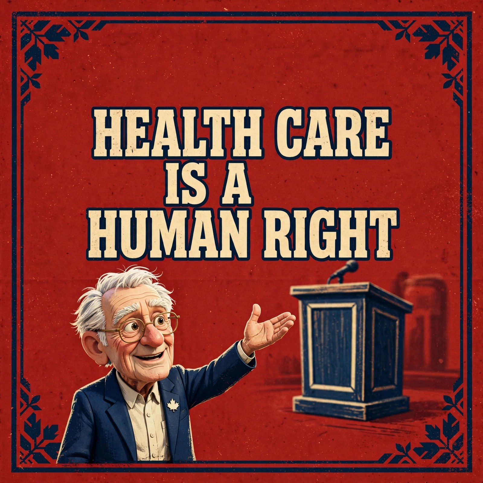 Shareable quote card: stylized cartoon senator character gesturing beside the words HEALTH CARE IS A HUMAN RIGHT