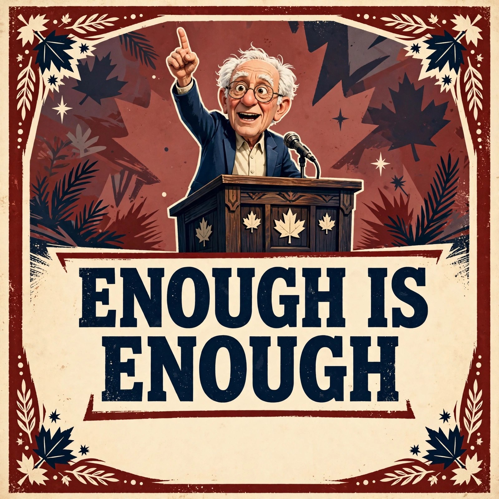 Shareable quote card: stylized cartoon senator character at a podium beneath the words ENOUGH IS ENOUGH