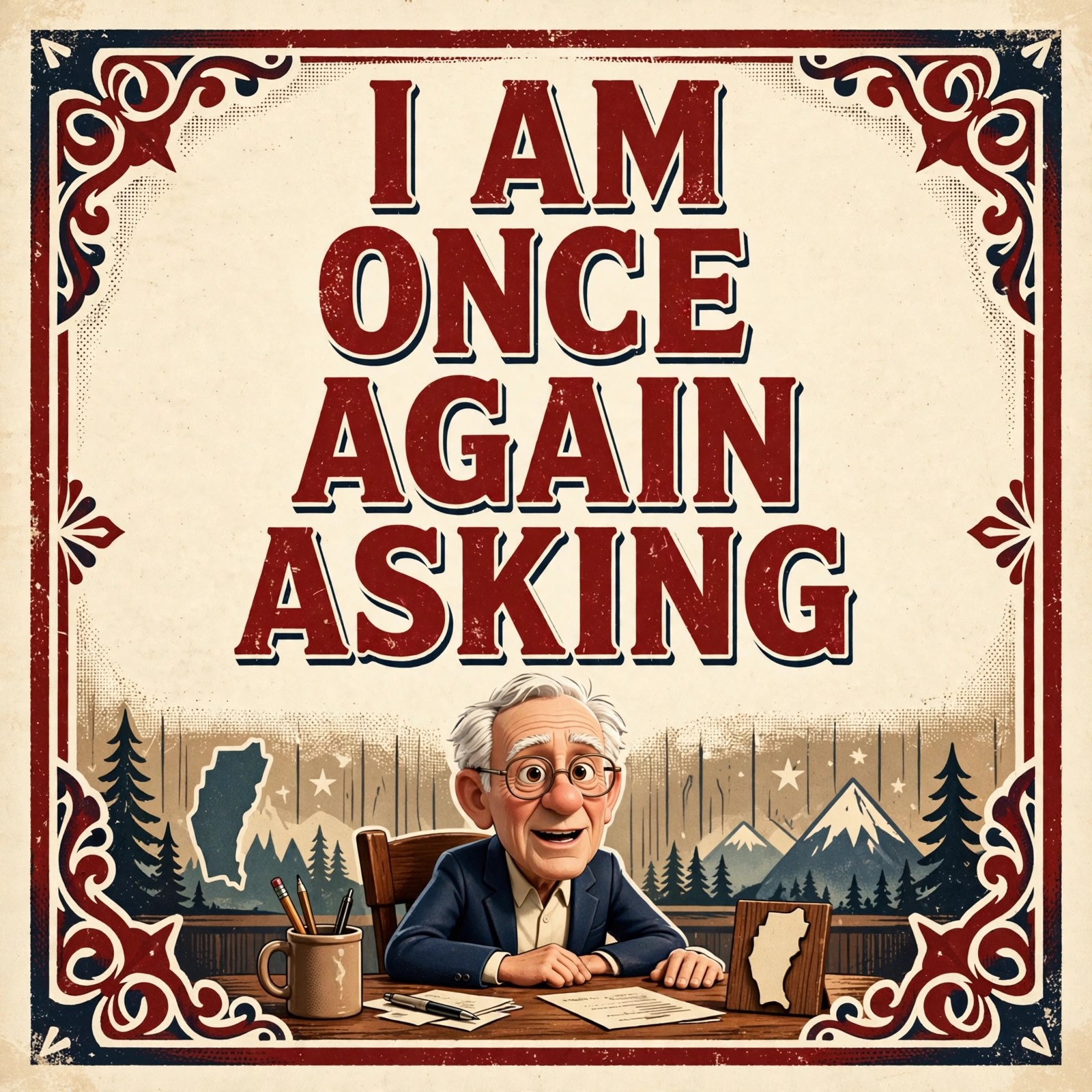 Shareable quote card: stylized cartoon senator character at a desk beneath the words I AM ONCE AGAIN ASKING