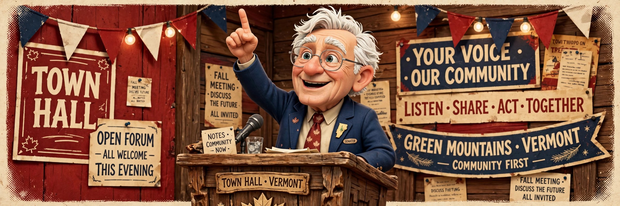 Wide AI-generated illustration of the stream's animated senator character at a Vermont town hall podium