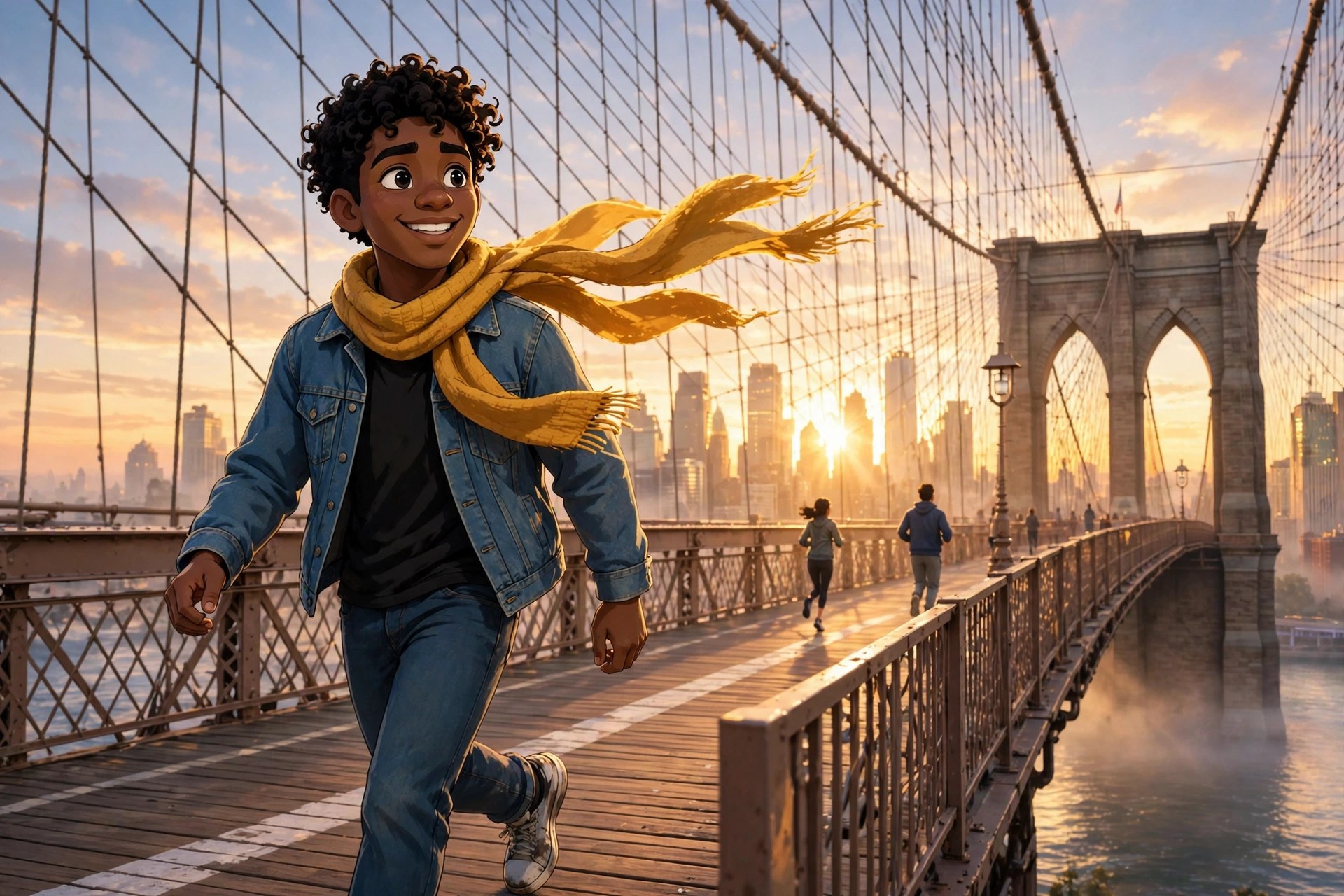 Blaise Hudson walking the Brooklyn Bridge at sunrise