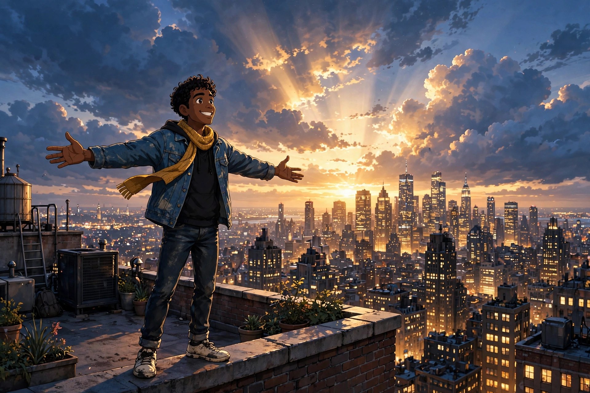 Blaise Hudson on a rooftop at dusk, arms open to the New York skyline